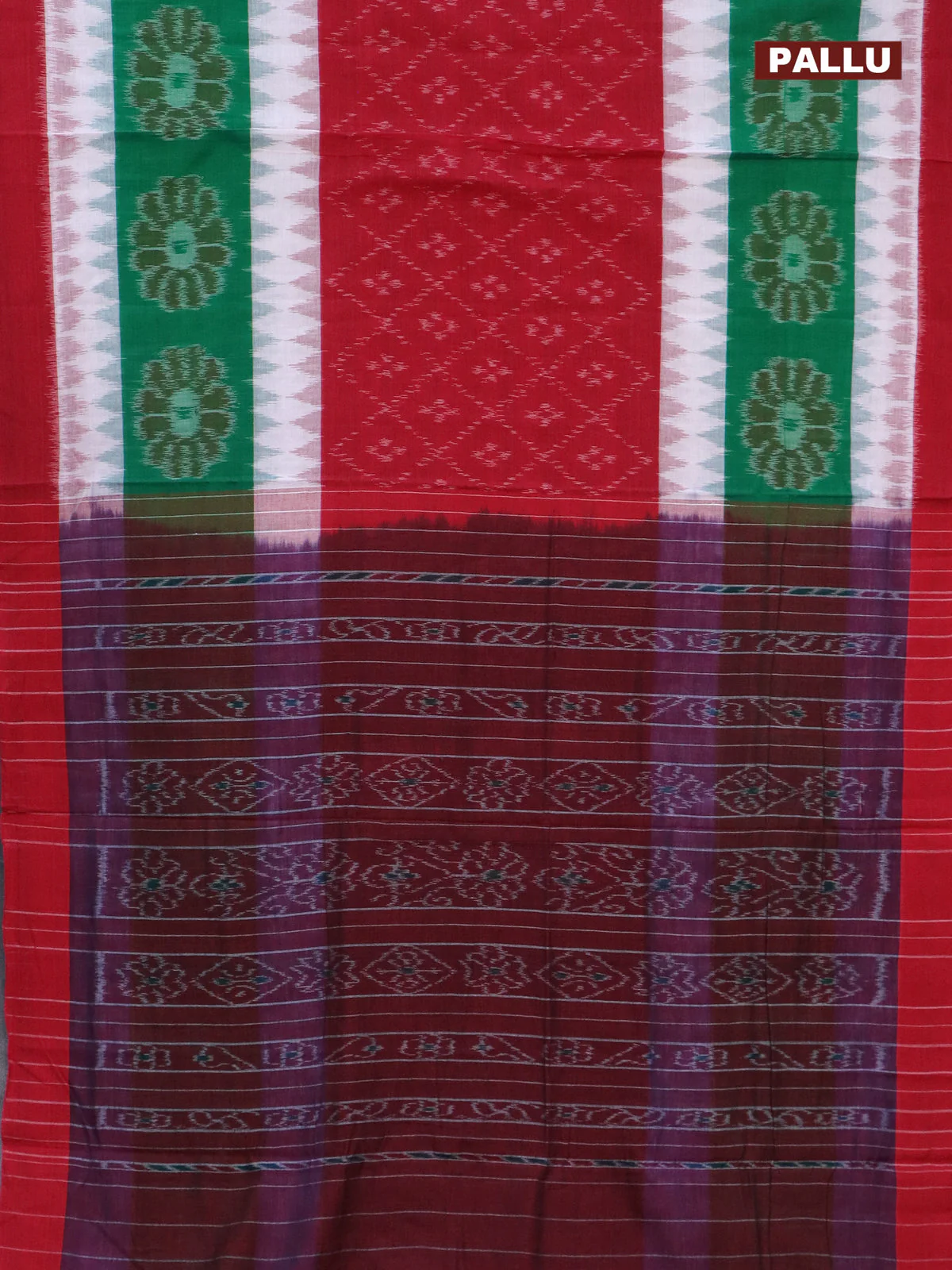 Ikat cotton saree red and off white green with allover ikat weaves and long ikat woven border - Image 3