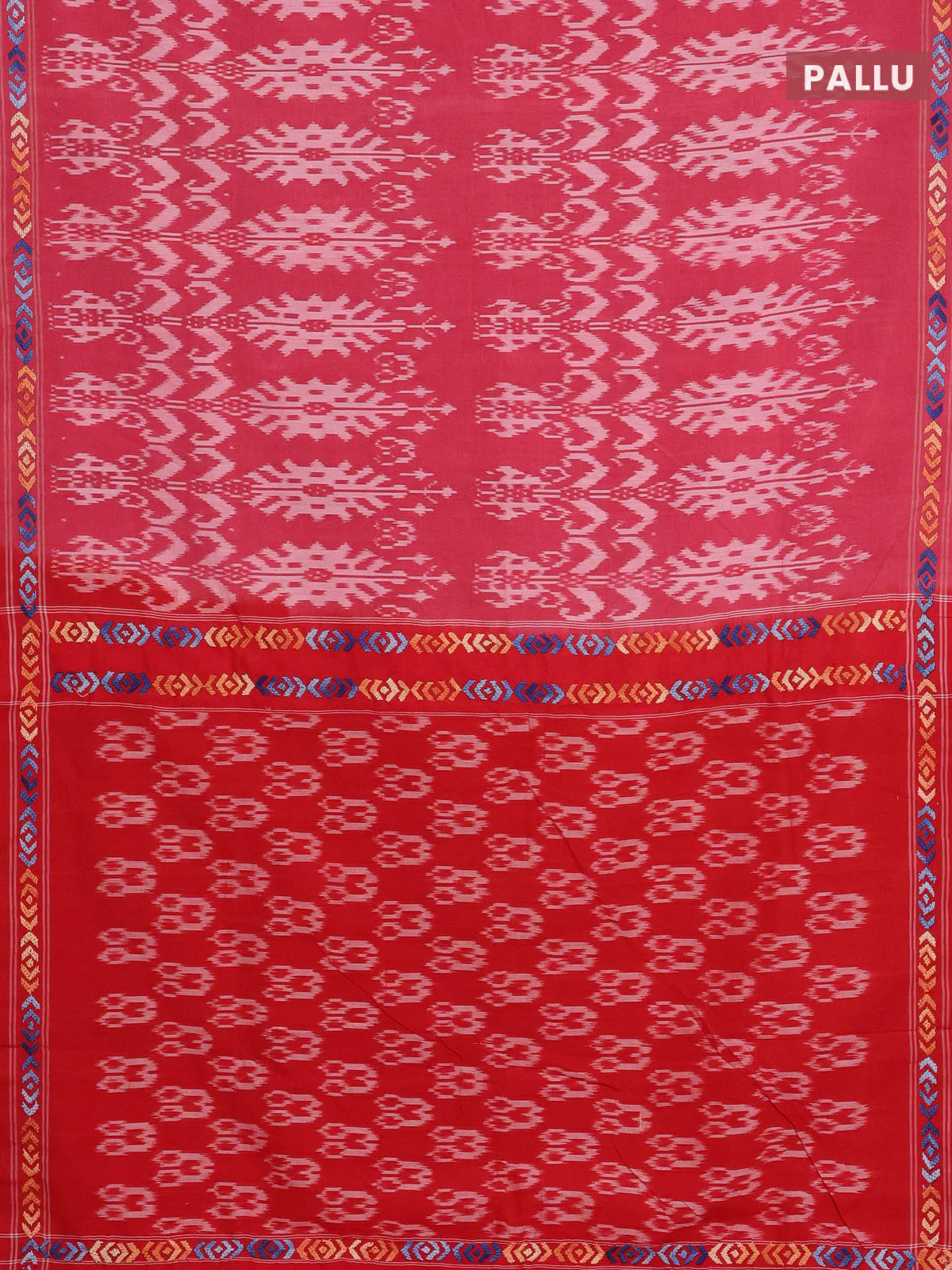 Ikat cotton saree red with allover ikat weaves and kantha stitch work pallu - Image 3