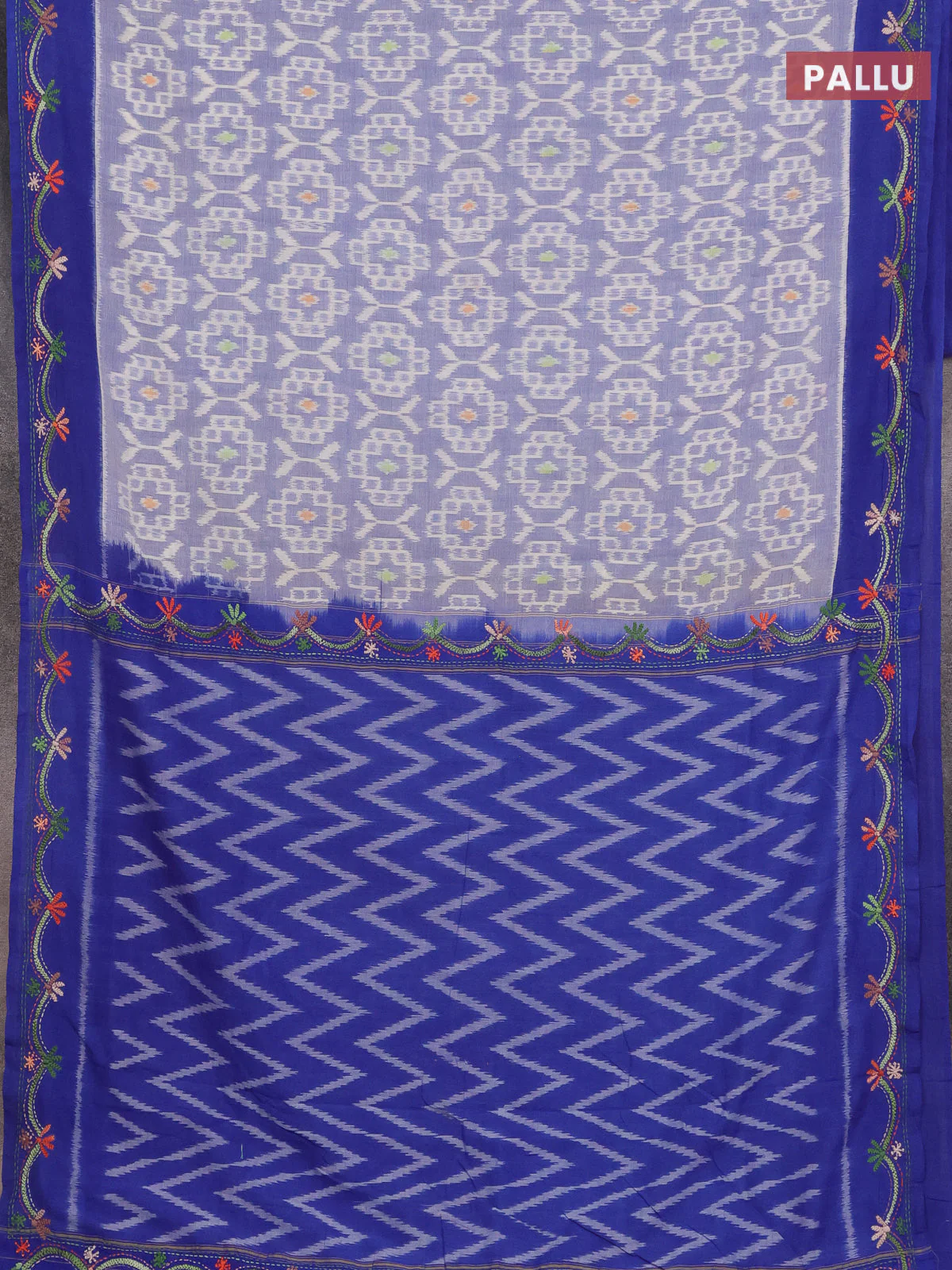 Ikat cotton saree royal blue and blue with allover ikat weaves and kantha stitch work pallu - Image 3