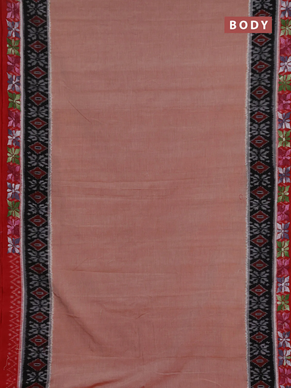 Ikat cotton saree rust shade and maroon with plain body and ikat woven & kantha stitch work border - Image 2