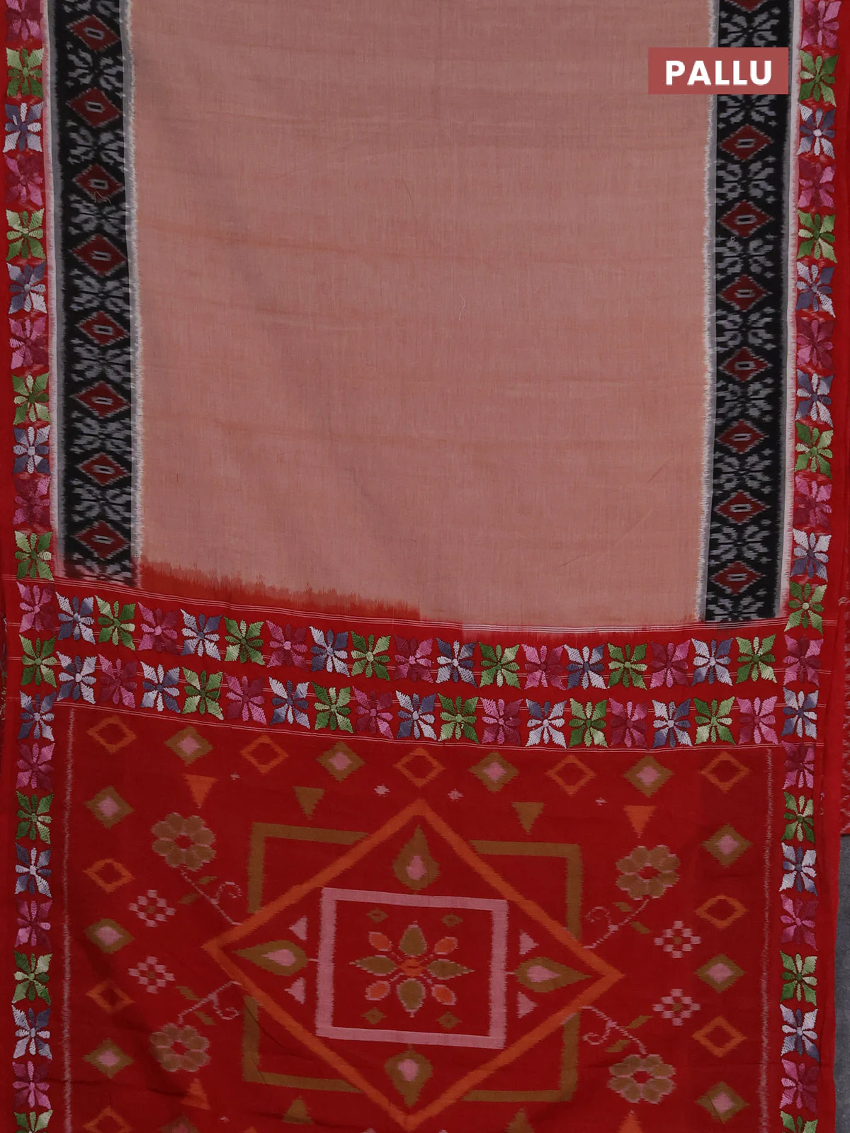 Ikat cotton saree rust shade and maroon with plain body and ikat woven & kantha stitch work border - Image 3