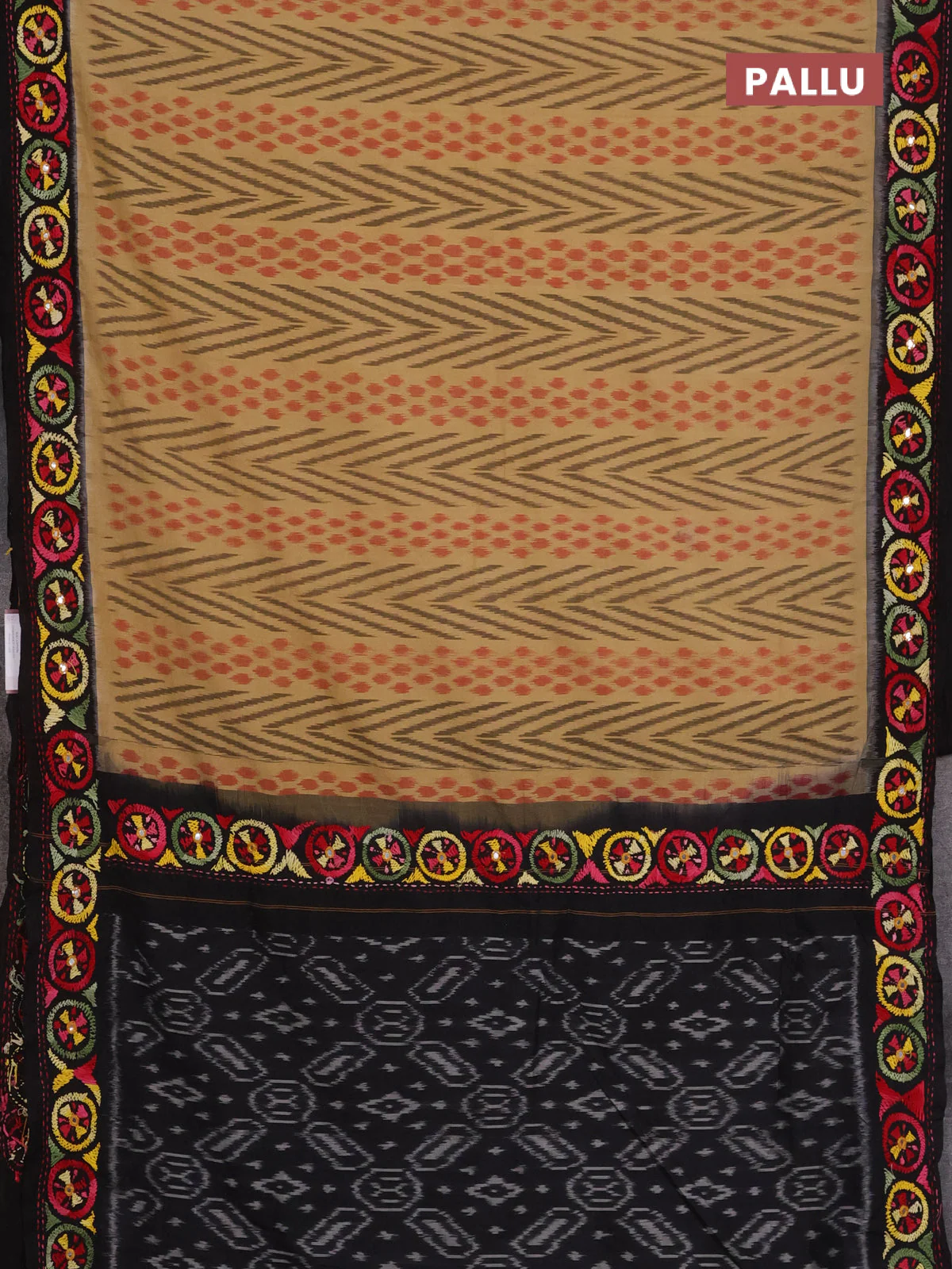 Ikat cotton saree sandal and black with allover ikat weaves and kantha stitch work pallu - Image 3