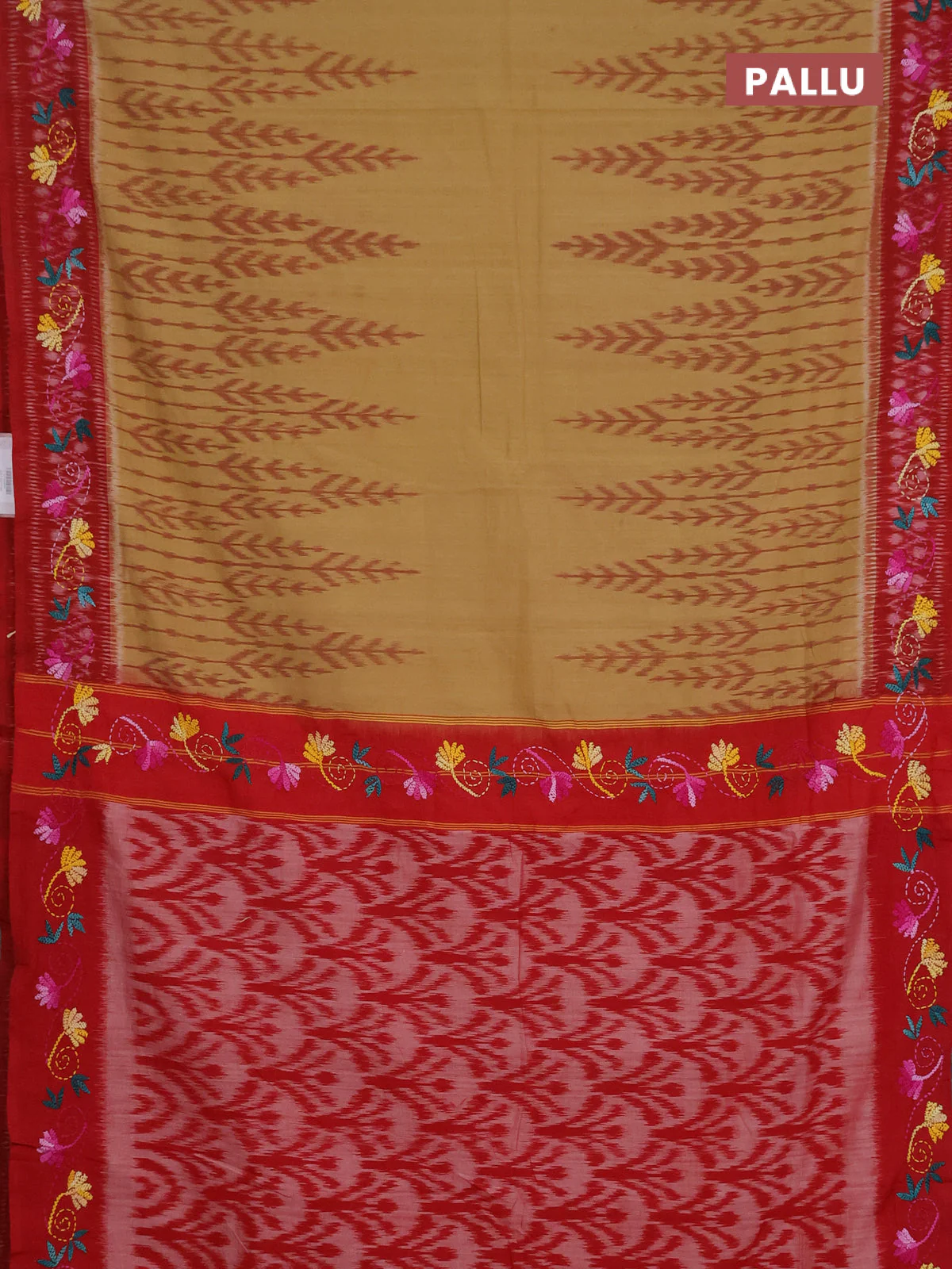 Ikat cotton saree sandal and maroon with allover ikat weaves and kantha stitch work pallu - Image 3