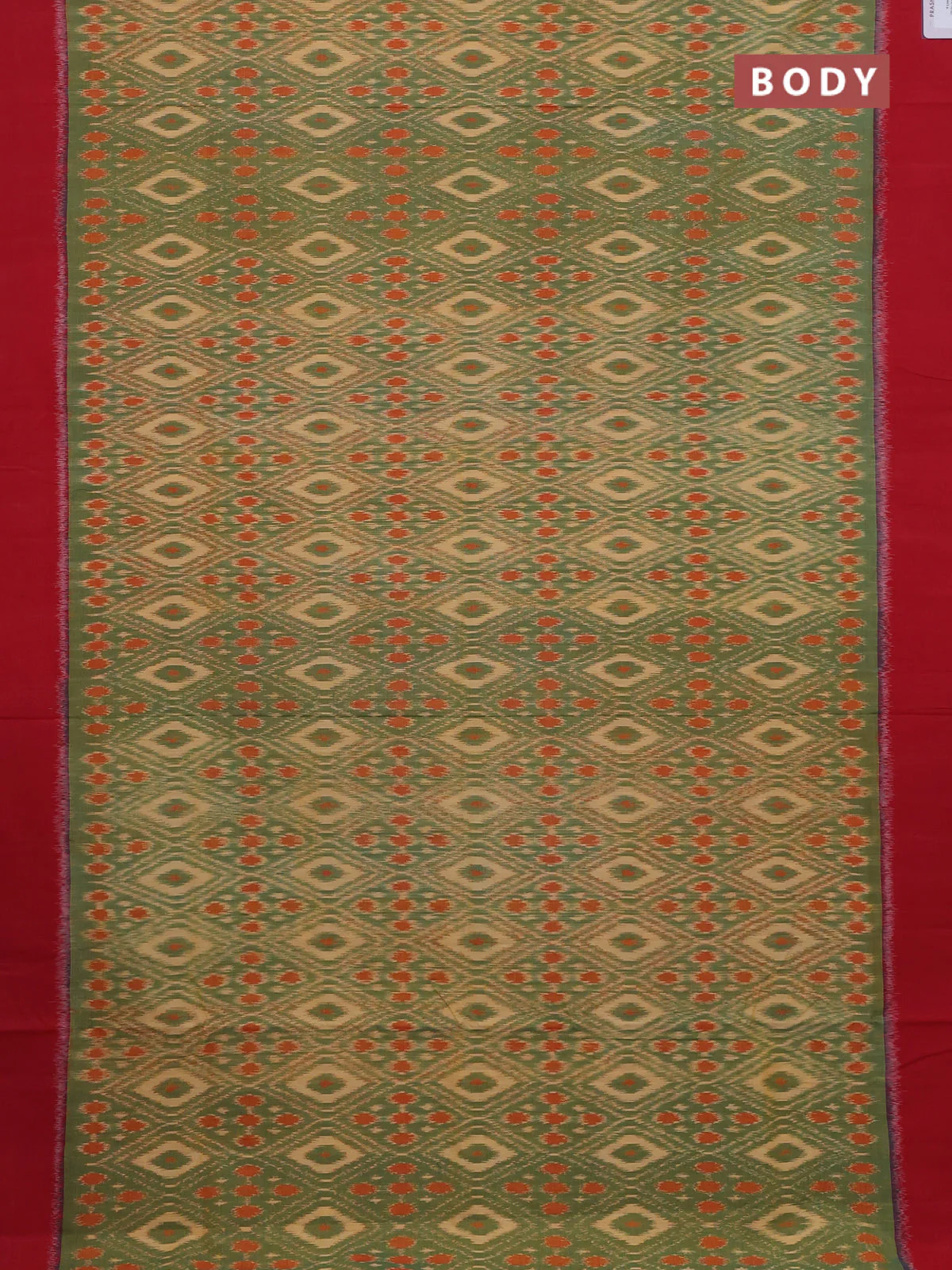 Ikat cotton saree sandal green and maroon with allover ikat weaves and simple border - Image 2