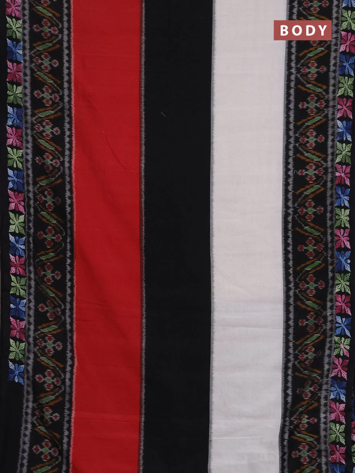 Ikat cotton saree tri colour and black with plain body and ikat weaves & kantha stitch work border - Image 2