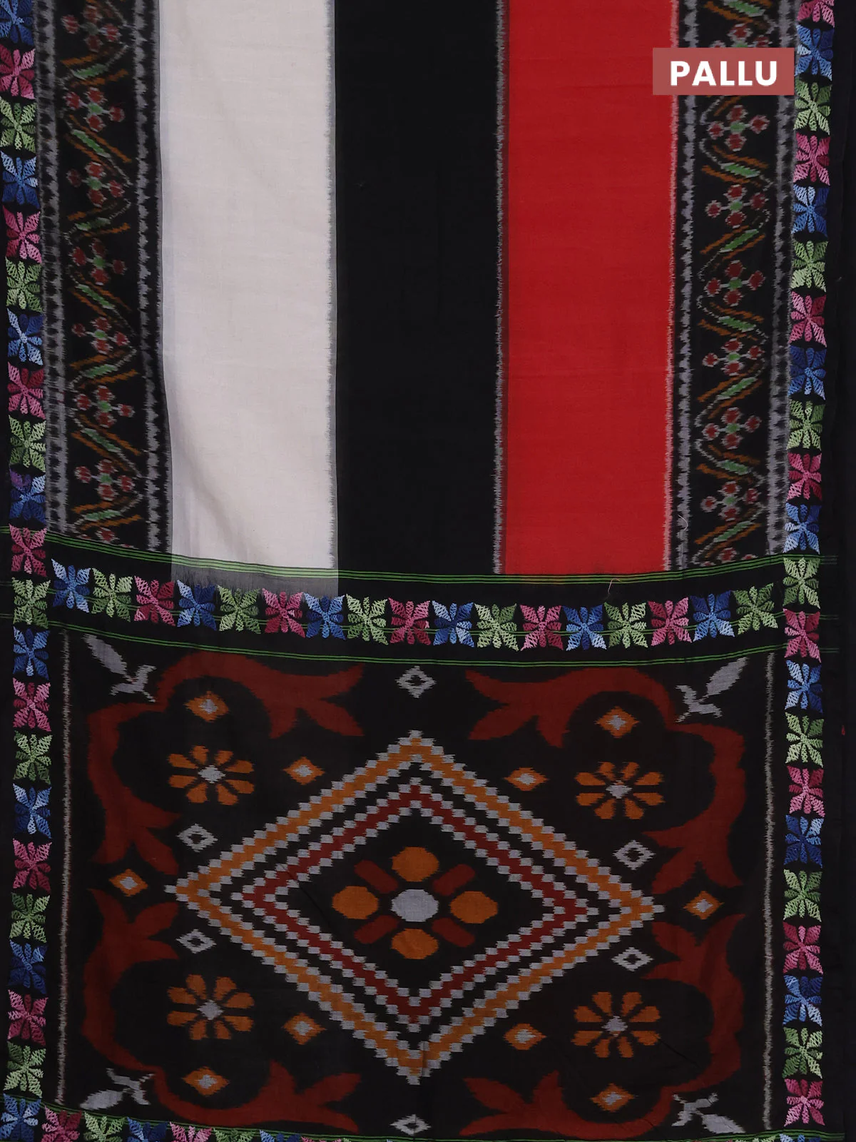 Ikat cotton saree tri colour and black with plain body and ikat weaves & kantha stitch work border - Image 3