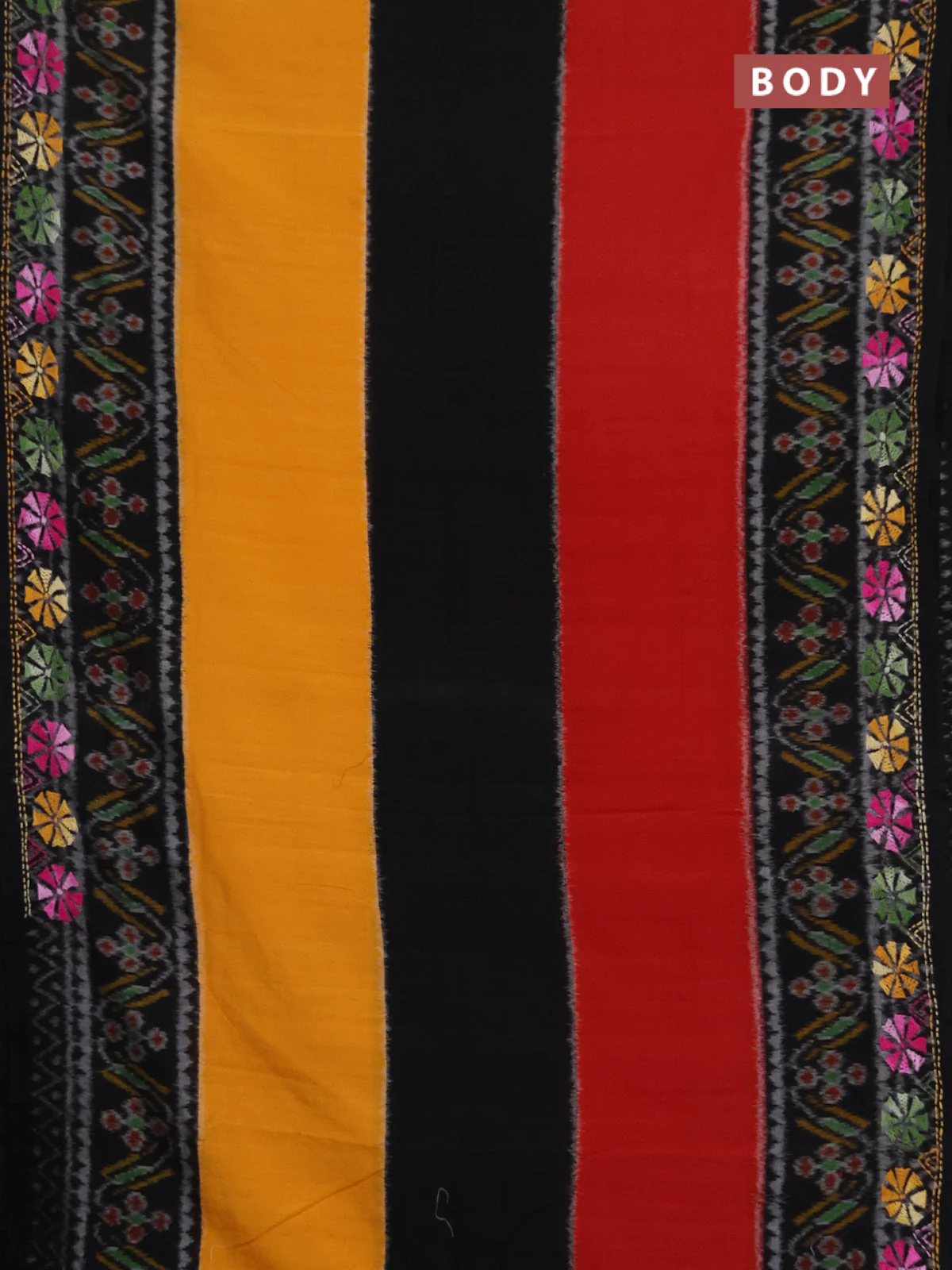 Ikat cotton saree tri colour and black with plain body and ikat weaves & kantha stitch work border - Image 2