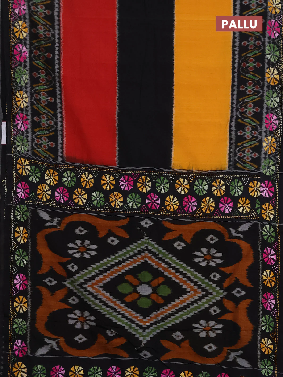 Ikat cotton saree tri colour and black with plain body and ikat weaves & kantha stitch work border - Image 3