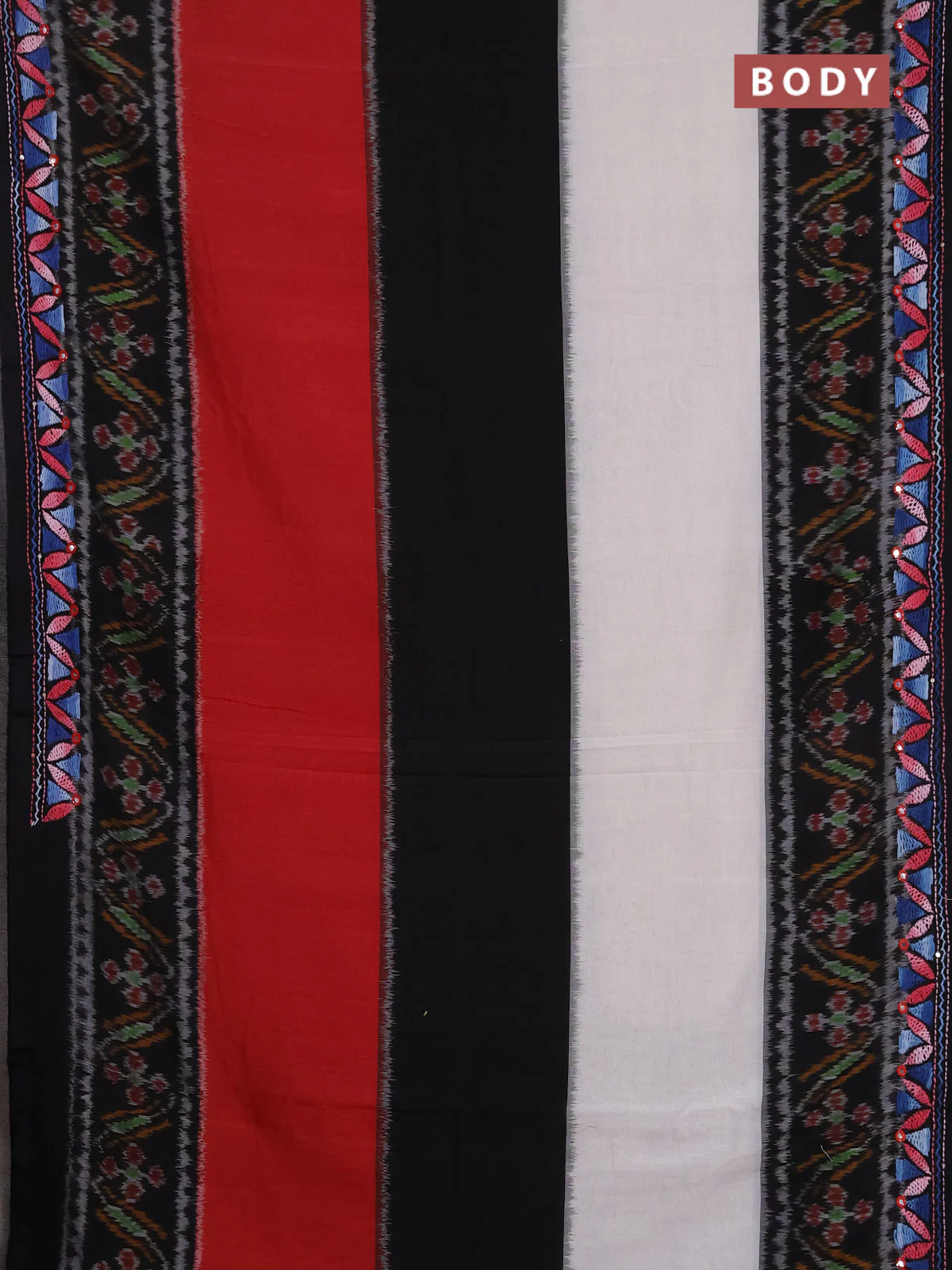 Ikat cotton saree tri colour and black with plain body and ikat weaves & kantha stitch work border - Image 2