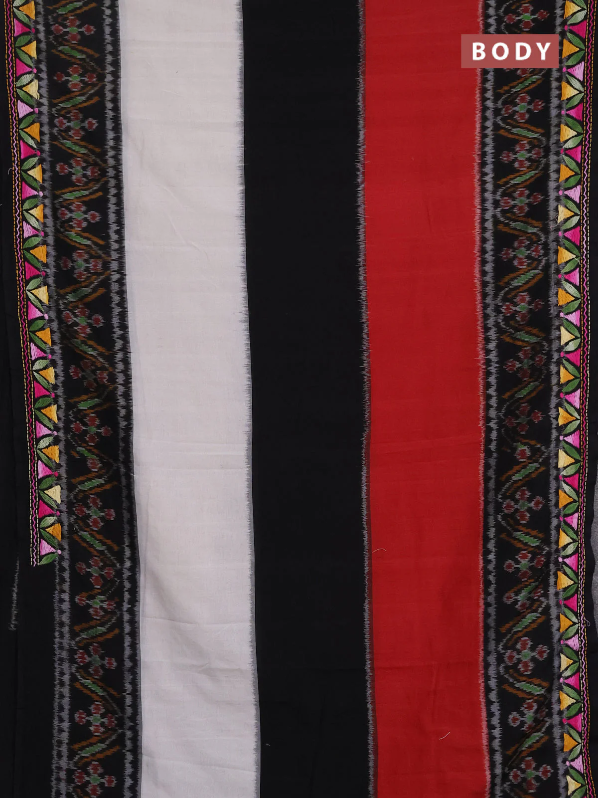 Ikat cotton saree tri colour and black with plain body and ikat weaves & kantha stitch work border - Image 2