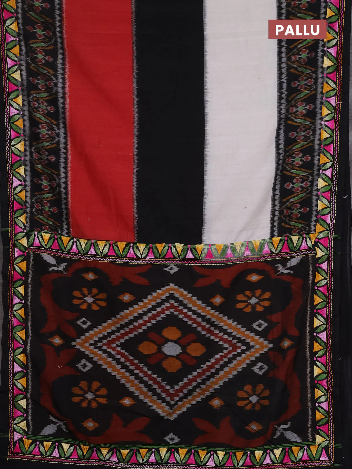 Ikat cotton saree tri colour and black with plain body and ikat weaves & kantha stitch work border - Image 3