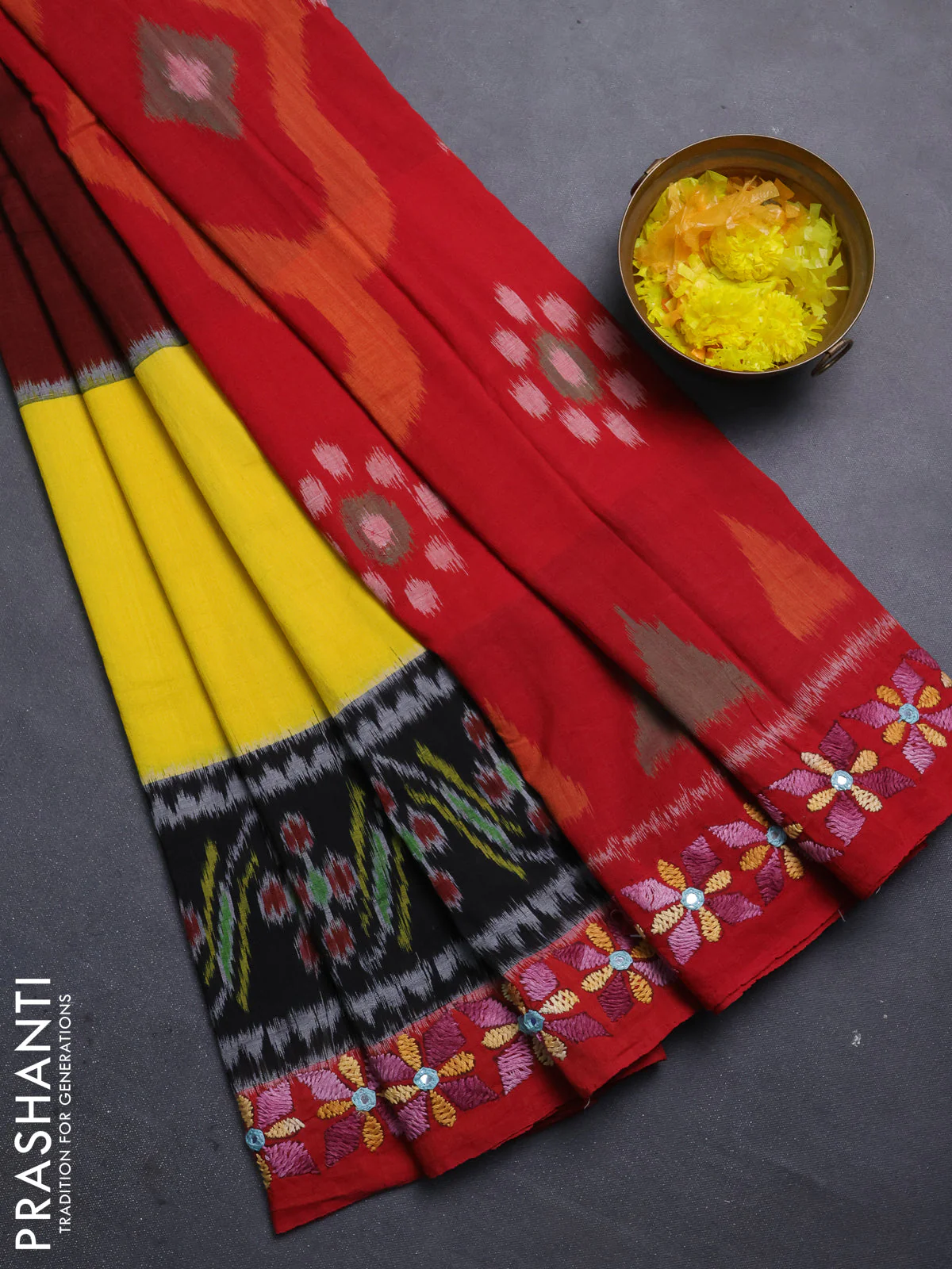 Ikat cotton saree tri colour and maroon with plain body and ikat weaves & kantha stitch work border