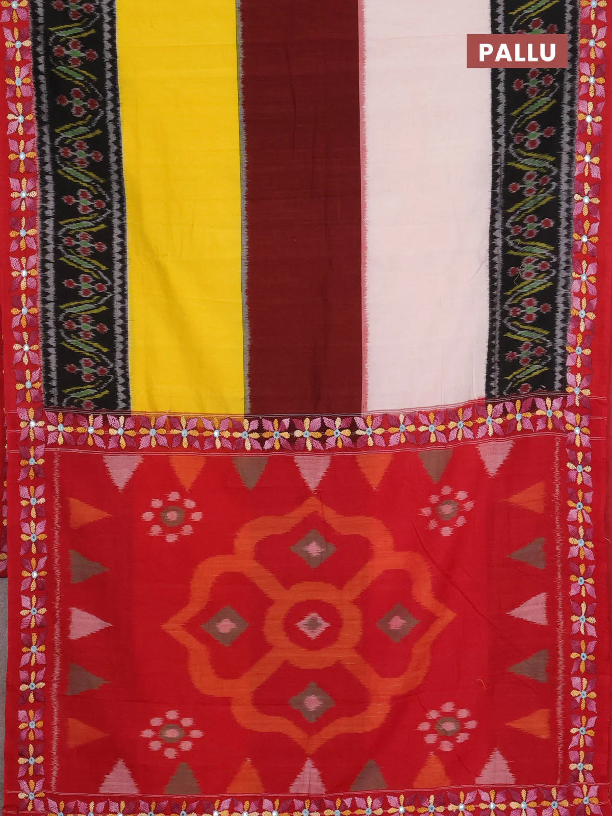 Ikat cotton saree tri colour and maroon with plain body and ikat weaves & kantha stitch work border - Image 3