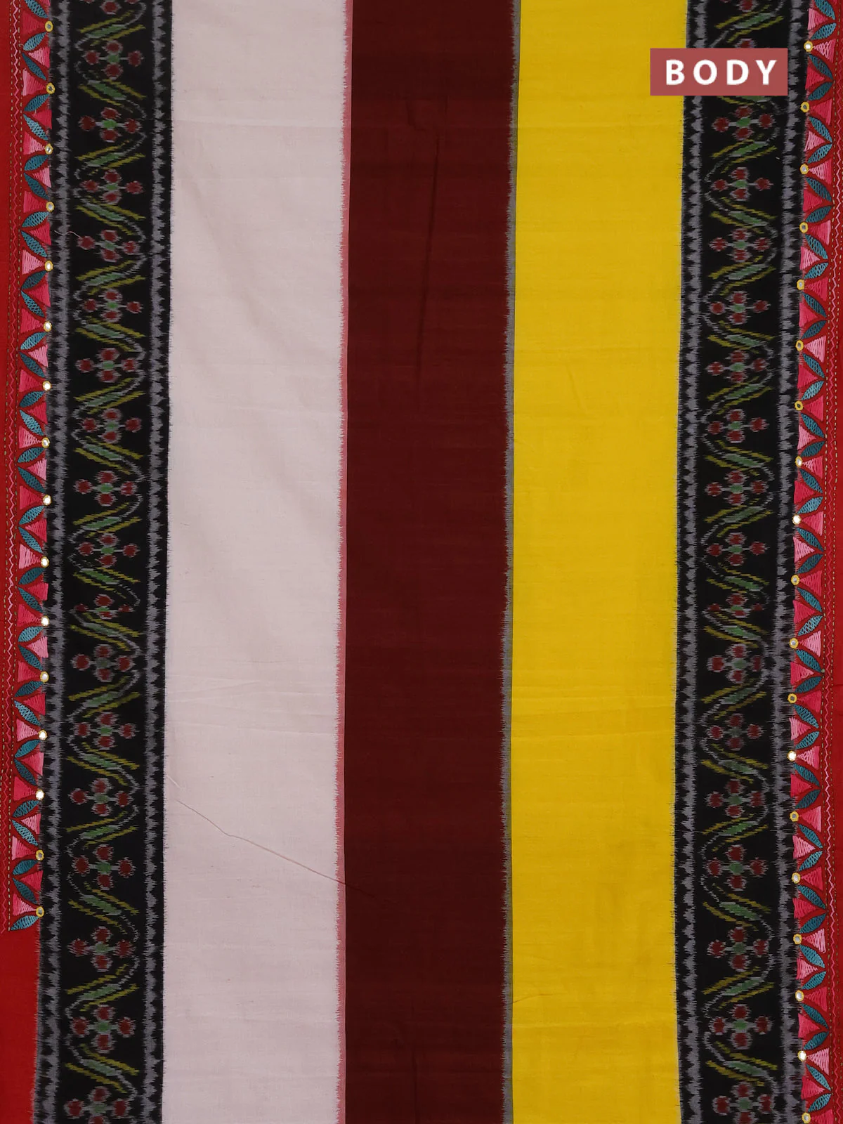 Ikat cotton saree tri colour and maroon with plain body and ikat weaves & kantha stitch work border - Image 2