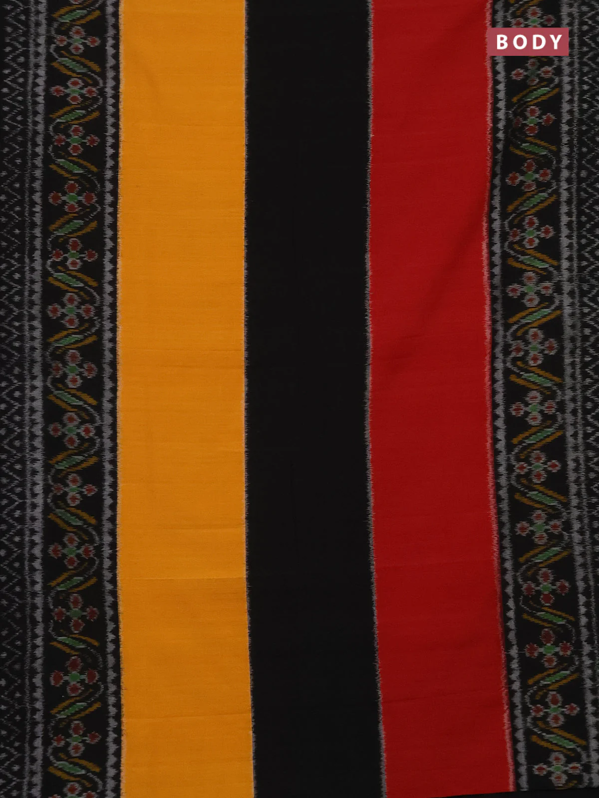 Ikat cotton saree yellow black and red with plain body and long ikat style border - Image 2