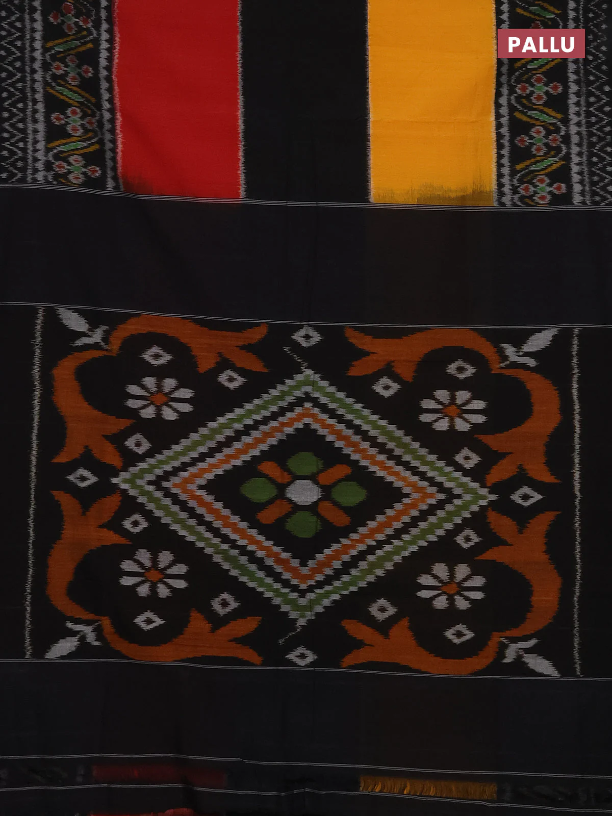 Ikat cotton saree yellow black and red with plain body and long ikat style border - Image 3