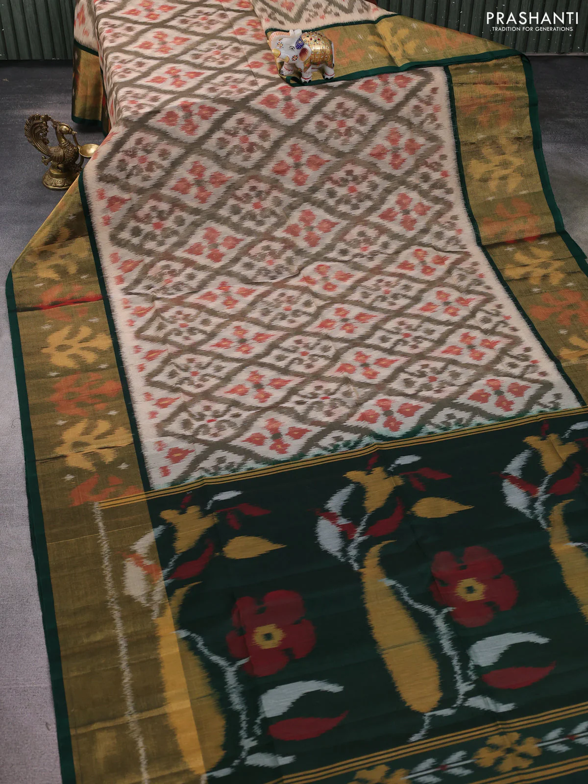 Ikat silk cotton saree beige and bottle green with allover ikat weaves and long zari woven ikat border - Image 2