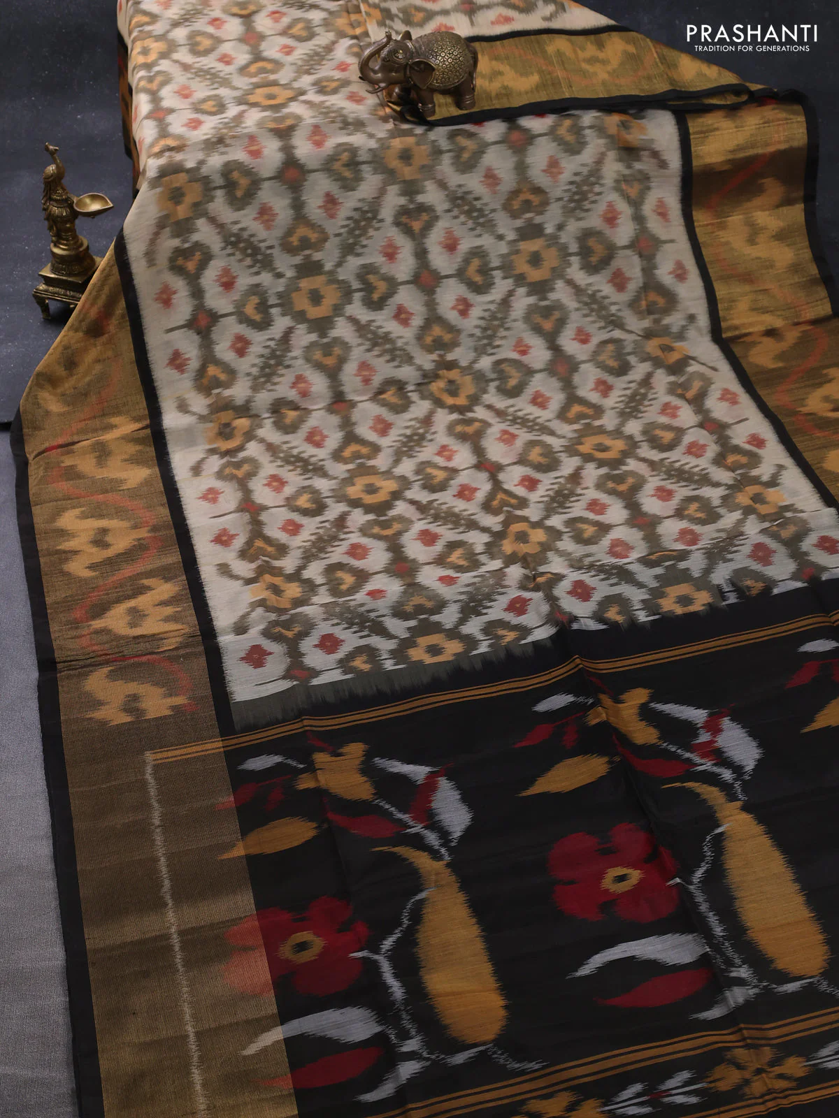Ikat silk cotton saree beige and deep coffee brown with allover ikat weaves and long zari woven ikat border - Image 2