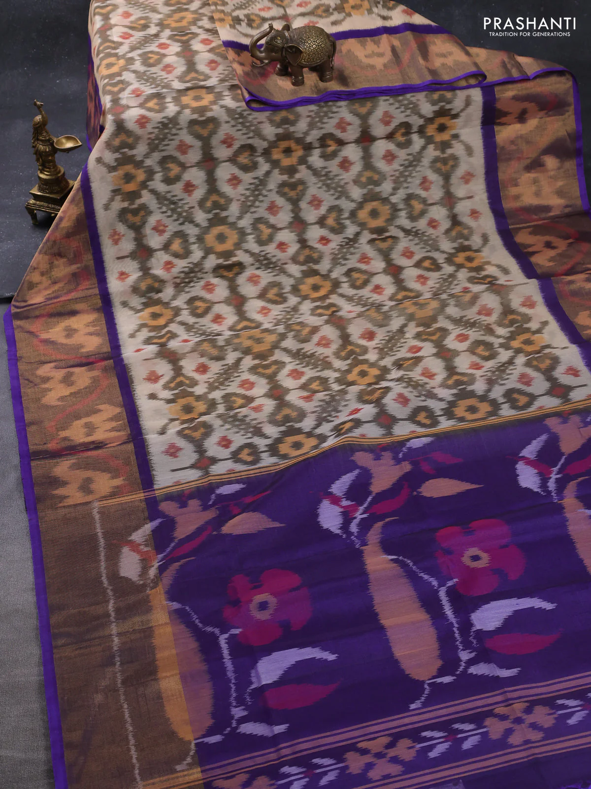 Ikat silk cotton saree beige and violet with allover ikat weaves and long zari woven ikat border - Image 2