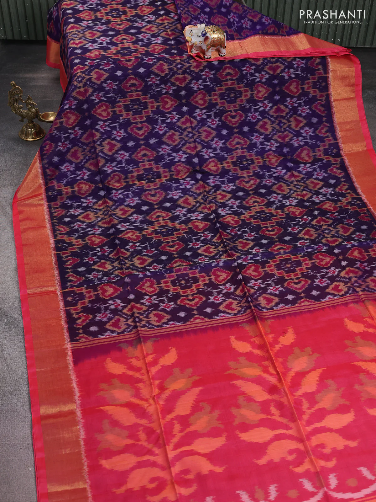 Ikat silk cotton saree blue and peach pink with alover ikat weaves and zari woven border - Image 2