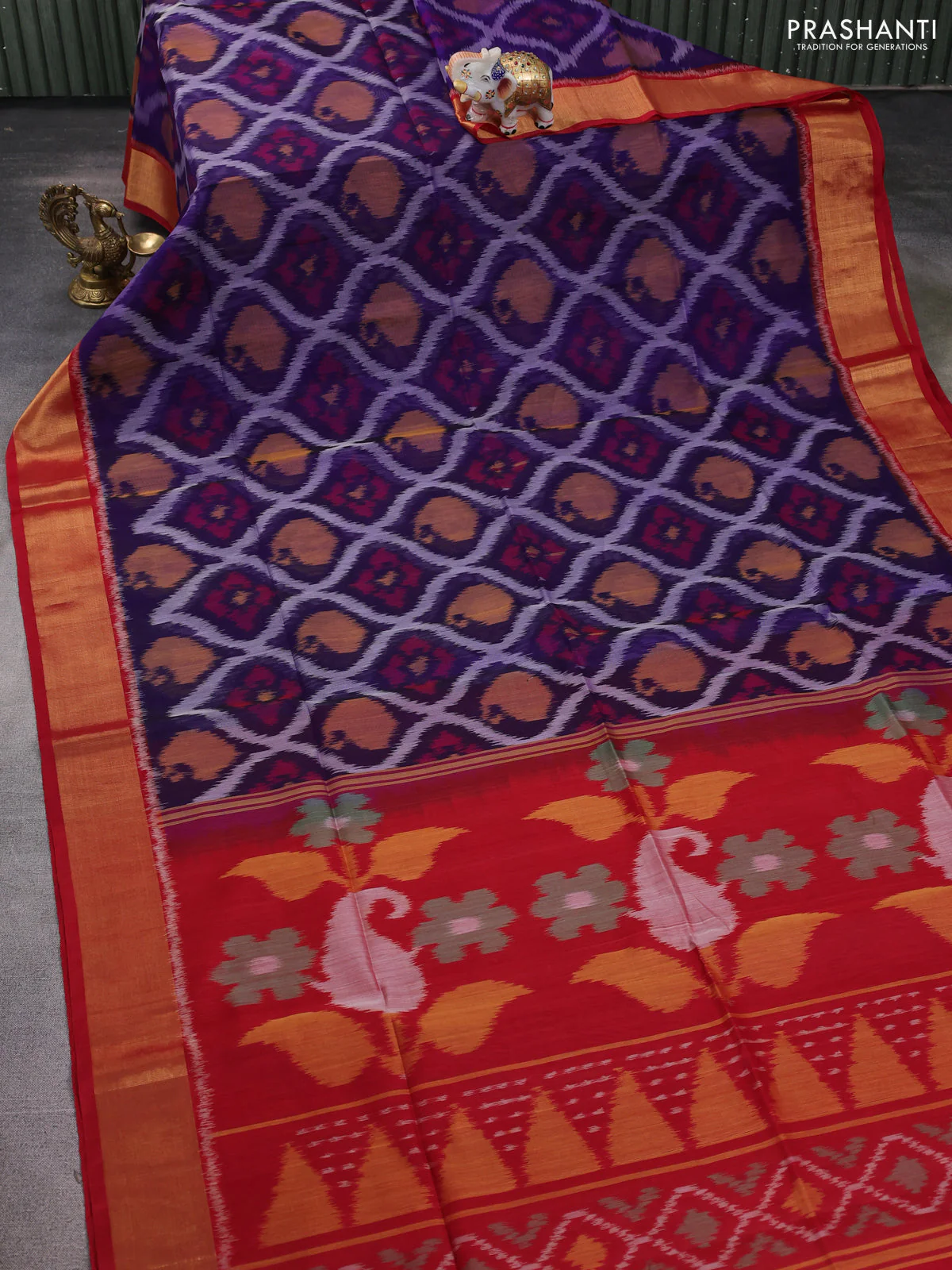 Ikat silk cotton saree blue and red with allover ikat weaves and zari woven border - Image 2