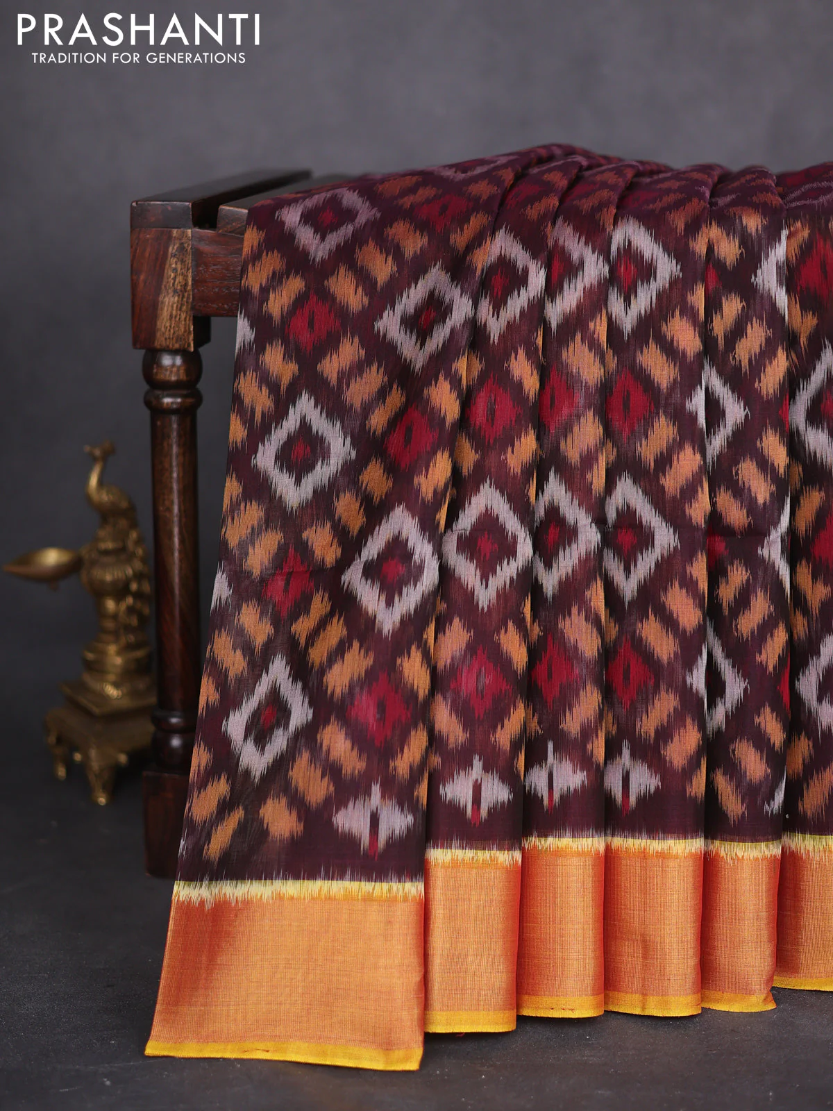 Ikat silk cotton saree coffee brown and dual shade of yellow with allover ikat weaves and zari woven border