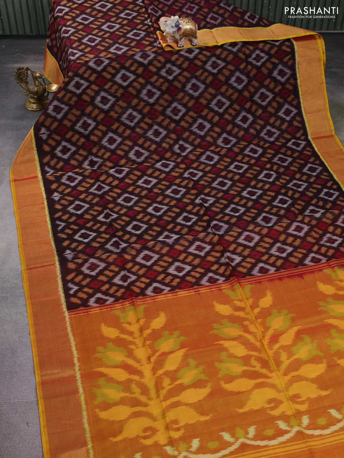Ikat silk cotton saree coffee brown and dual shade of yellow with allover ikat weaves and zari woven border - Image 2