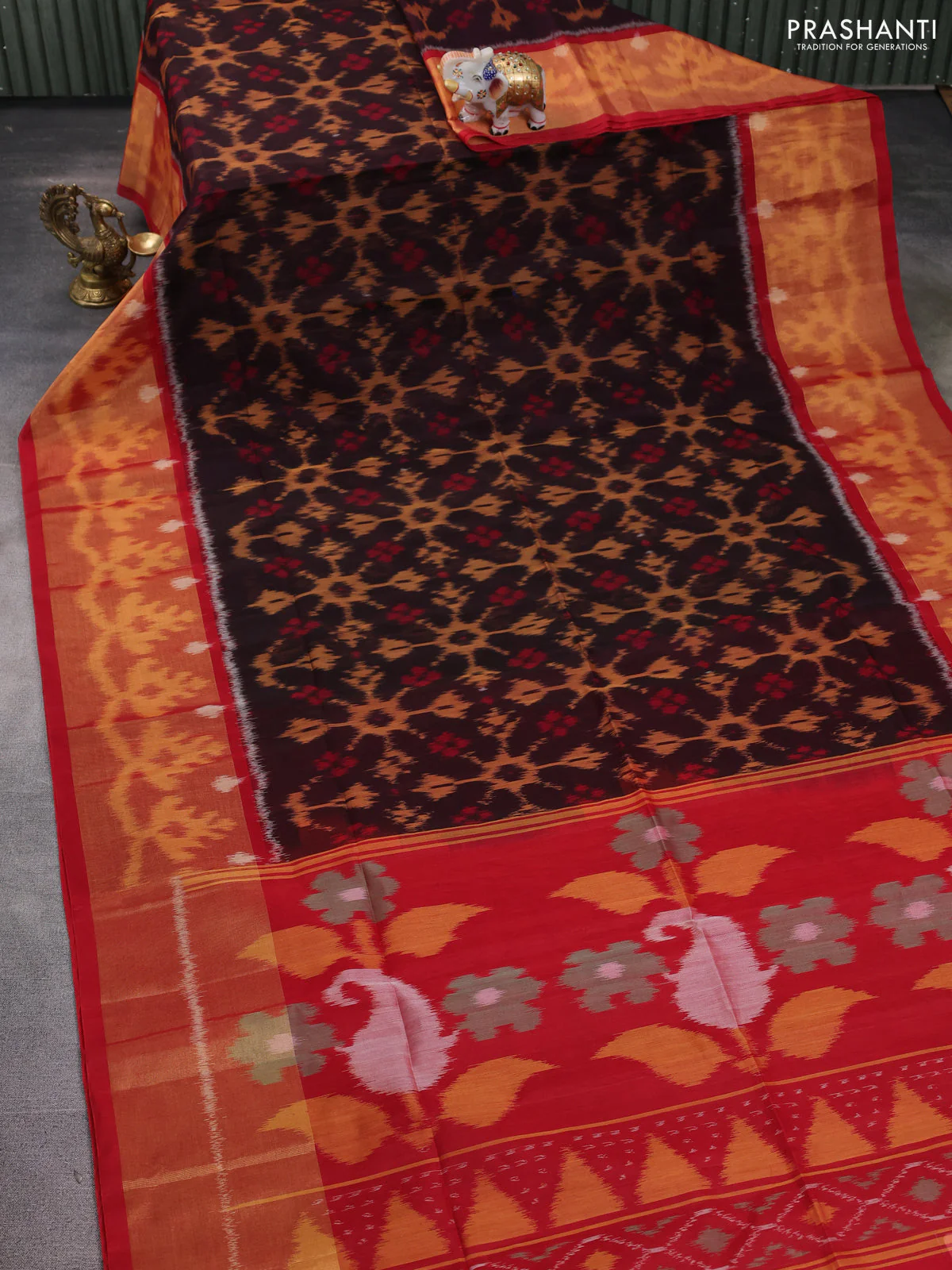 Ikat silk cotton saree coffee brown and red with allover ikat weaves and long zari woven ikat border - Image 2