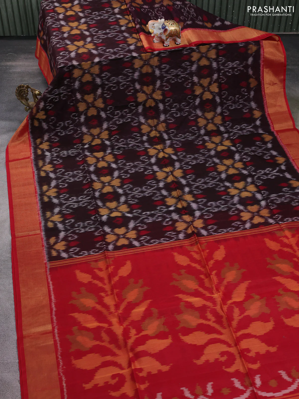 Ikat silk cotton saree coffee brown and red with allover ikat weaves and zari woven border - Image 2