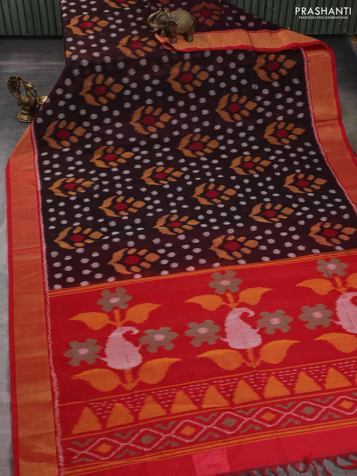 Ikat silk cotton saree coffee brown and red with allover ikat weaves and zari woven border - Image 2