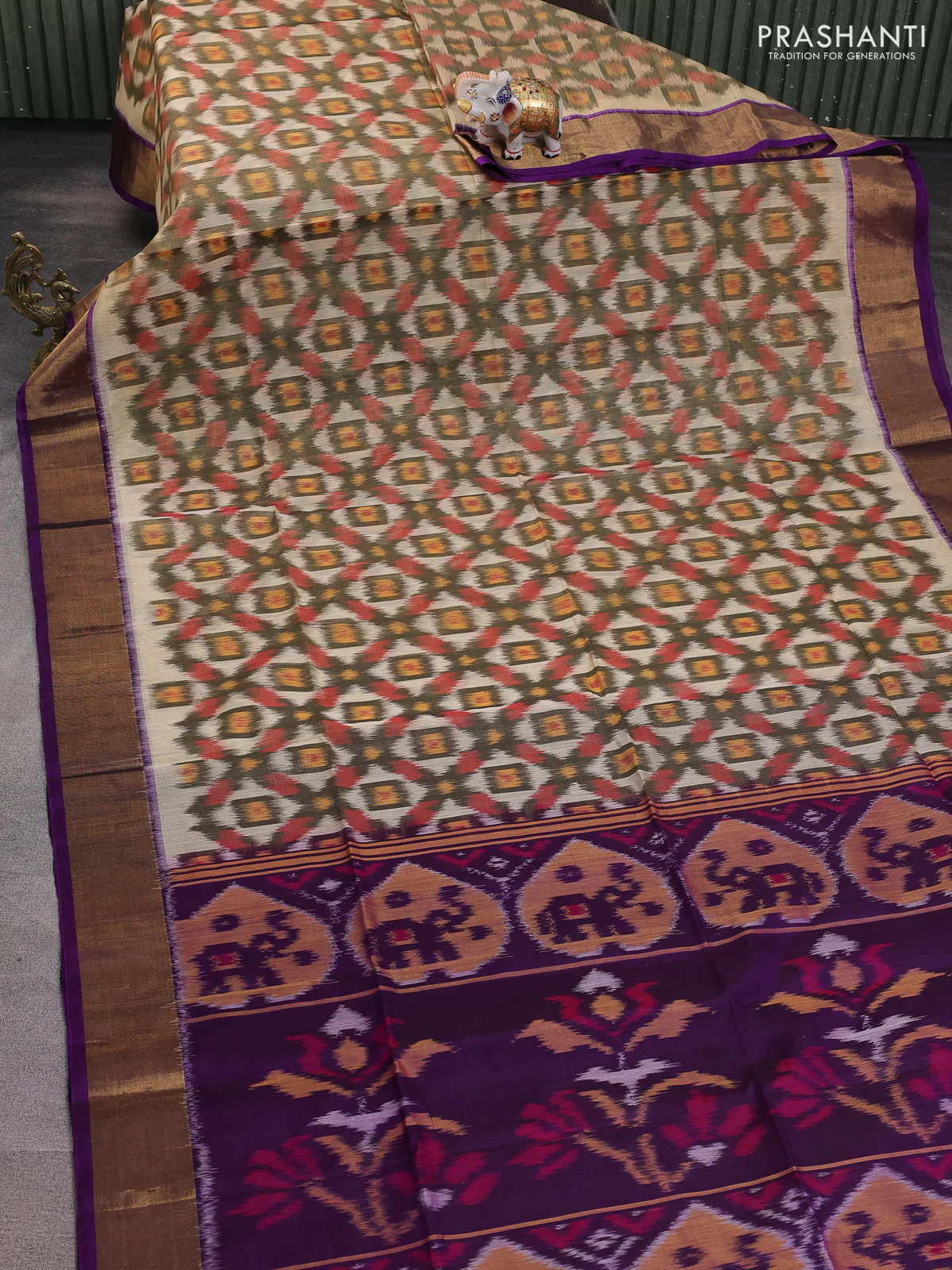 Ikat silk cotton saree cream and purple with alover ikat weaves and zari woven border - Image 2