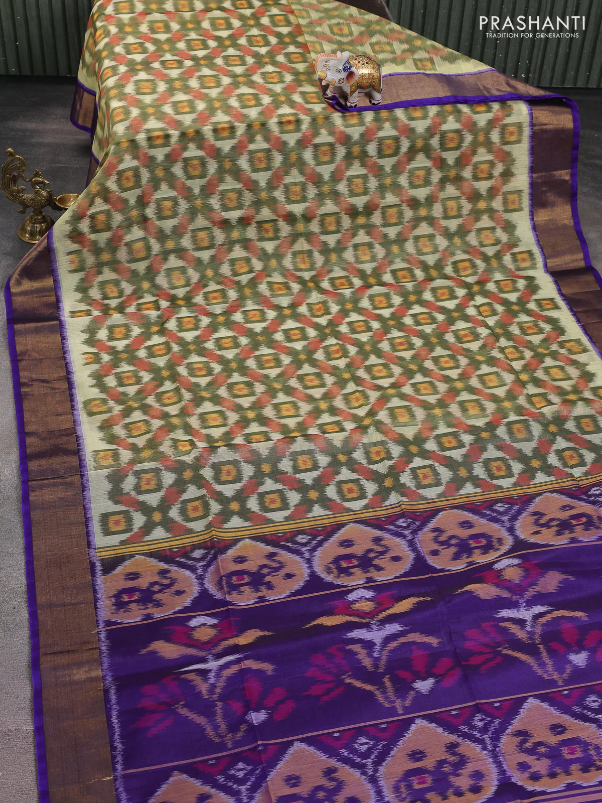 Ikat silk cotton saree cream and violet with alover ikat weaves and zari woven border - Image 2