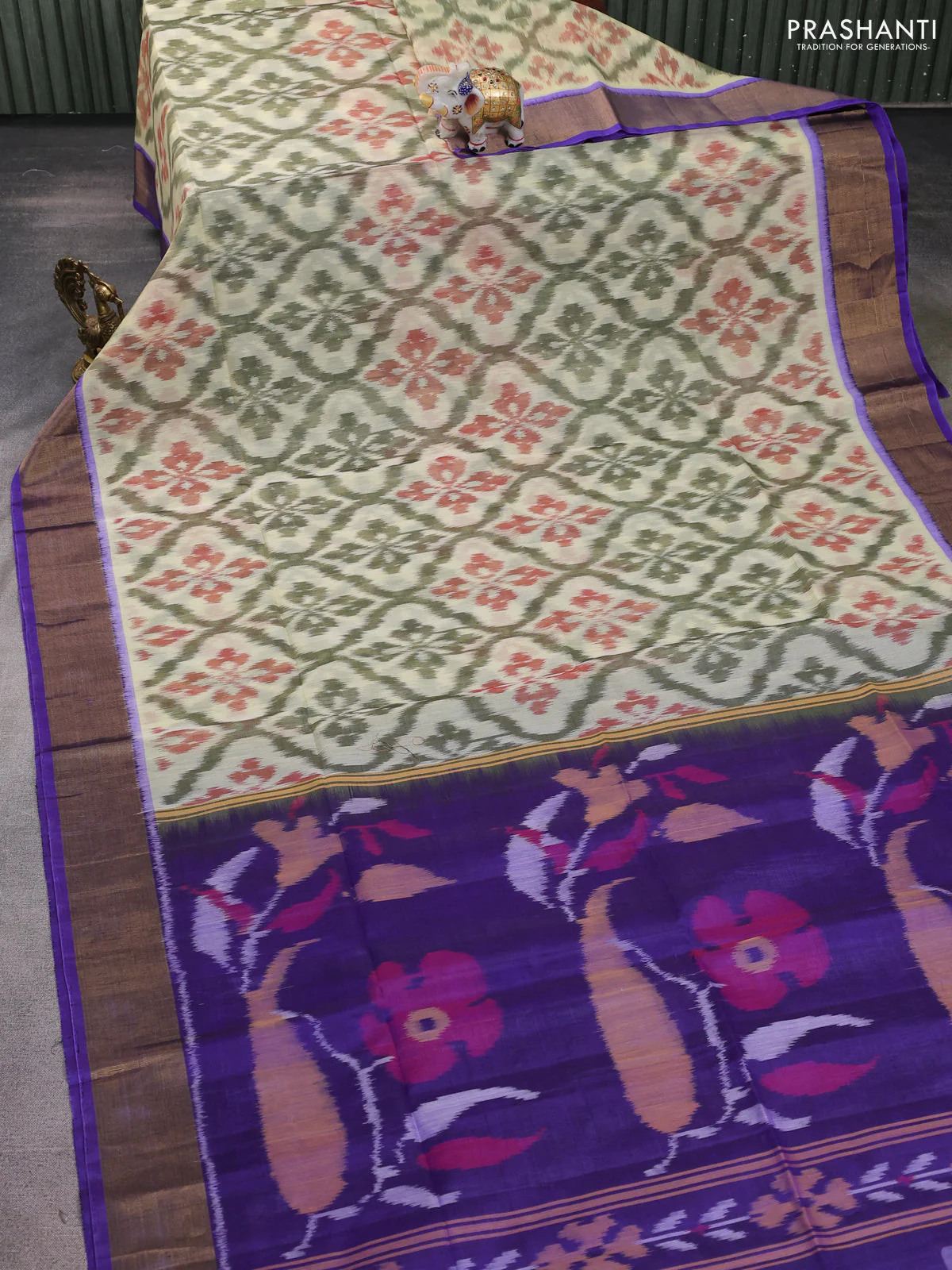 Ikat silk cotton saree cream elaichi green and violet with allover ikat weaves and zari woven border - Image 2