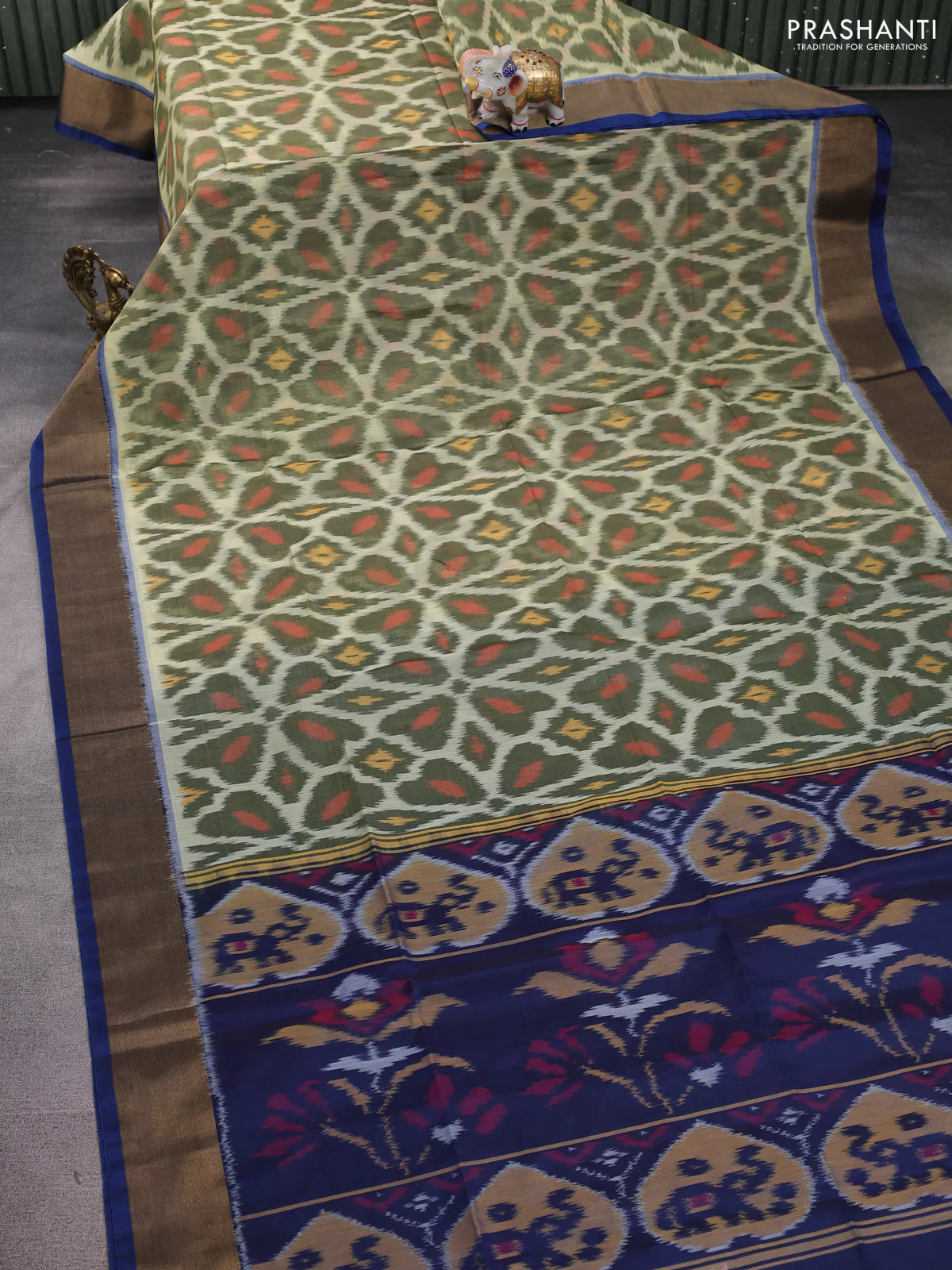 Ikat silk cotton saree cream sap green and peacock blue with allover ikat weaves and zari woven border - Image 2