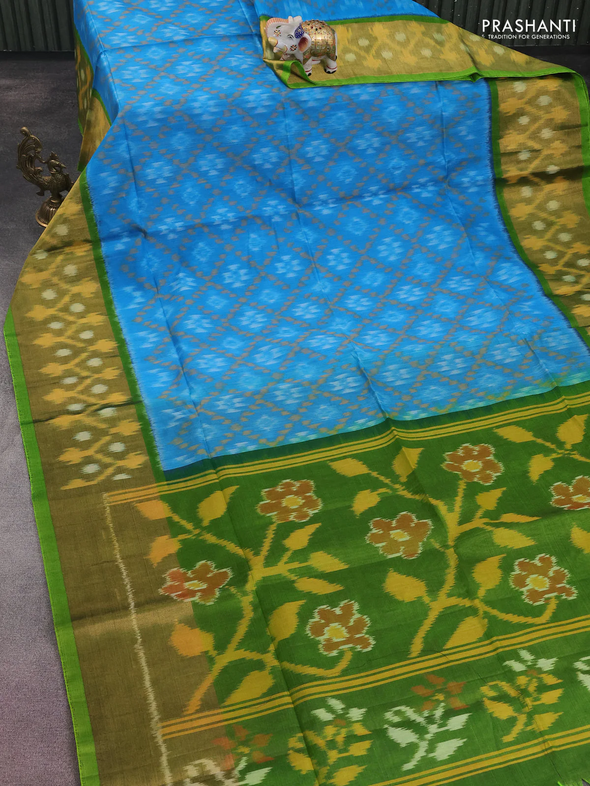Ikat silk cotton saree cs blue and light green with allover ikat weaves and long zari woven ikat border - Image 2
