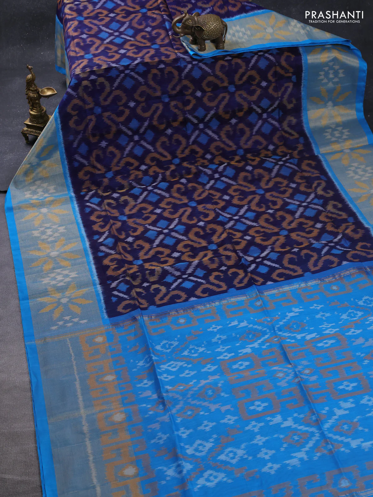 Ikat silk cotton saree dark blue and cs blue with allover ikat weaves and long zari woven ikat border - Image 2
