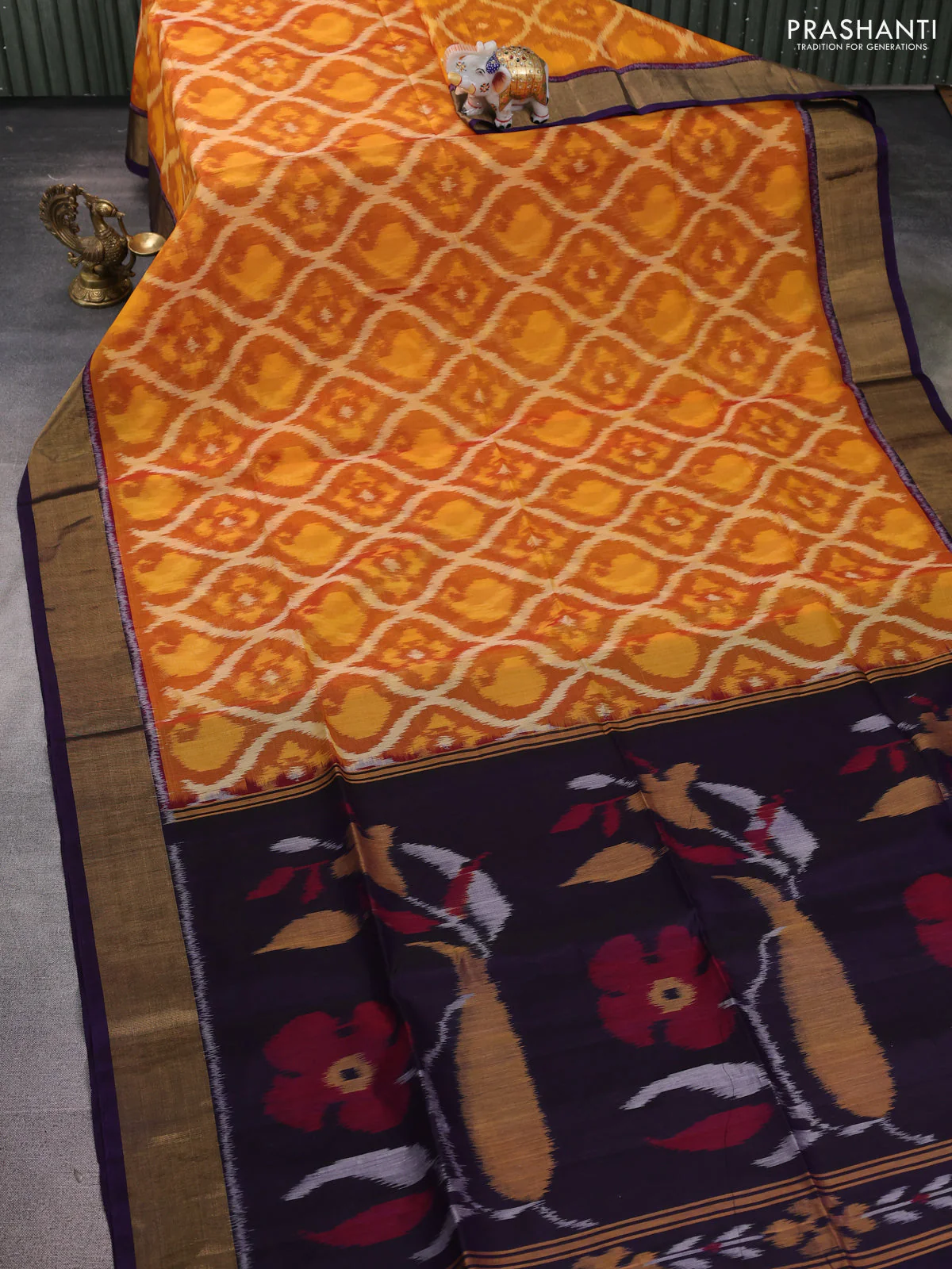 Ikat silk cotton saree dark mustard and deep violet with allover ikat weaves and zari woven border - Image 2