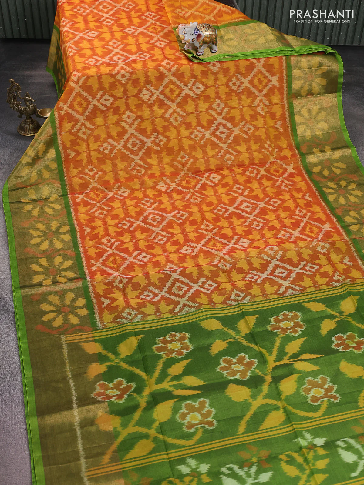 Ikat silk cotton saree dark mustard and green with alover ikat weaves and long zari woven ikat border - Image 2