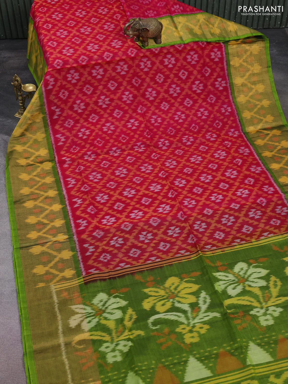 Ikat silk cotton saree dark pink and light green with allover ikat weaves and long zari woven ikat border - Image 2