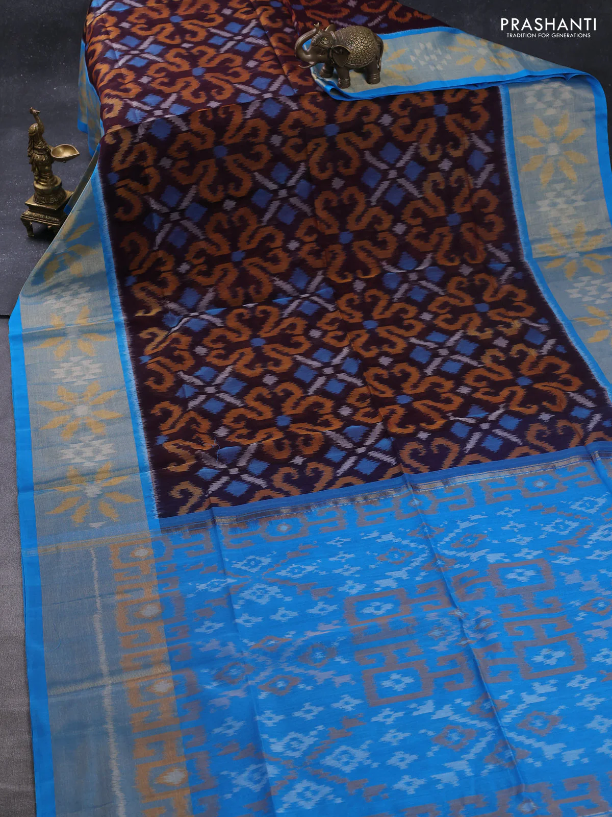 Ikat silk cotton saree deep wine and cs blue with allover ikat weaves and long zari woven ikat border - Image 2