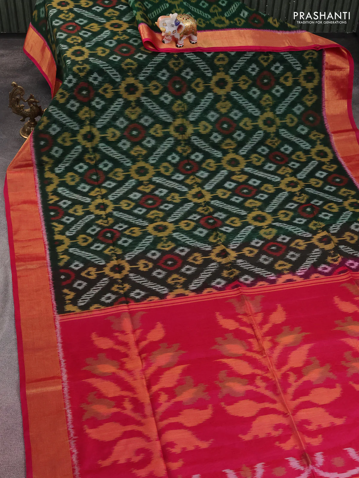Ikat silk cotton saree green and pink with allover ikat weaves and zari woven border - Image 2