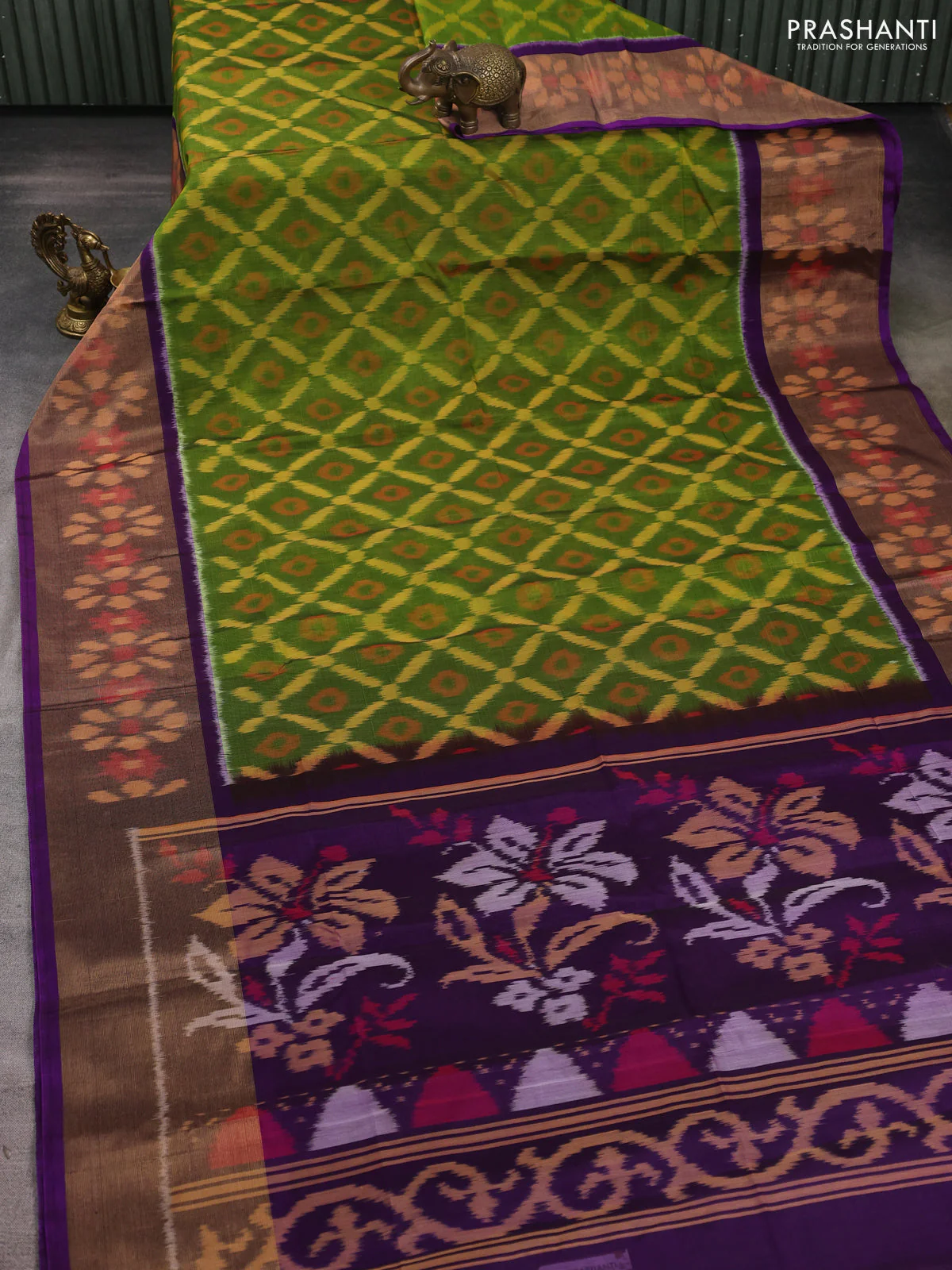 Ikat silk cotton saree green and purple with allover ikat weaves and long zari woven ikat border - Image 2