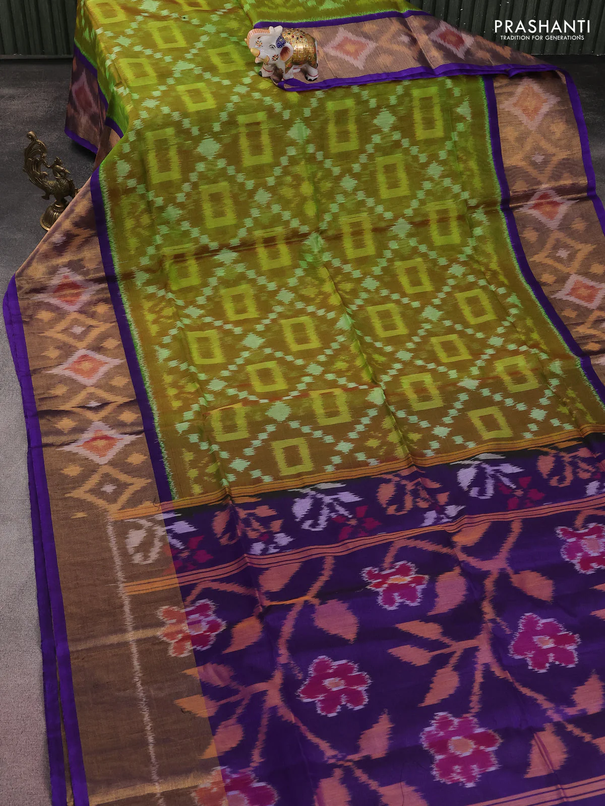 Ikat silk cotton saree green and violet with allover ikat weaves and long zari woven ikat border - Image 2