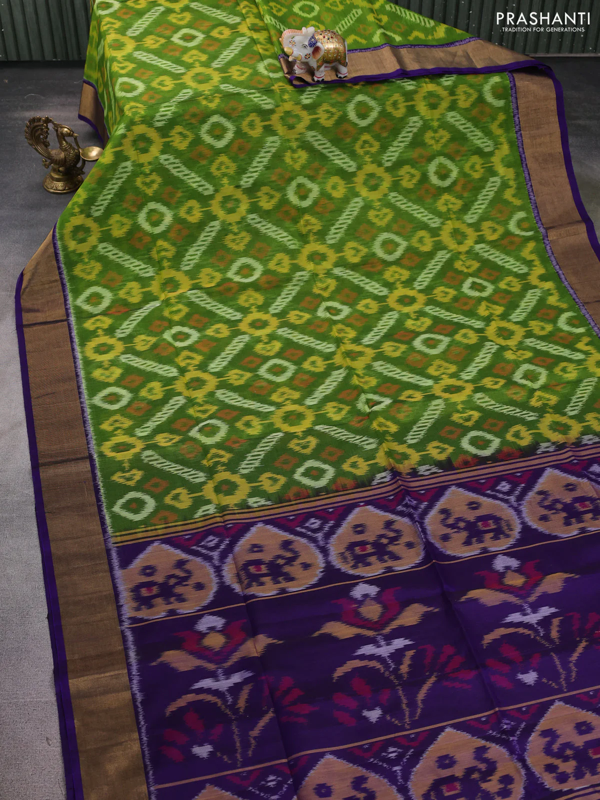 Ikat silk cotton saree green and violet with allover ikat weaves and zari woven border - Image 2