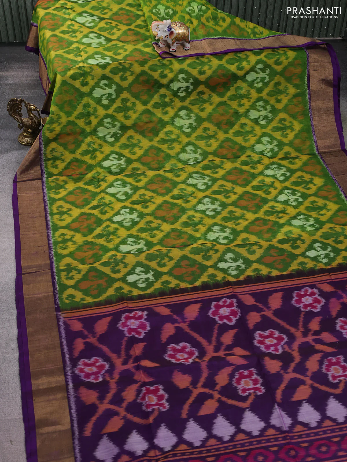 Ikat silk cotton saree green yellow and purple with allover ikat weaves and zari woven border - Image 2