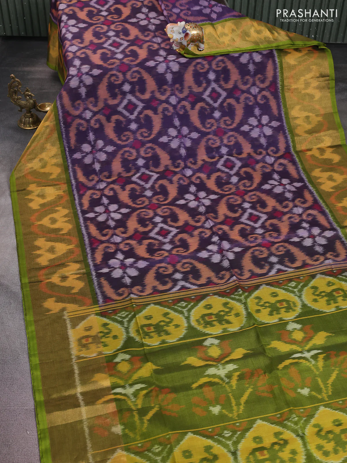Ikat silk cotton saree jamun shade and light green with alover ikat weaves and long zari woven ikat border - Image 2