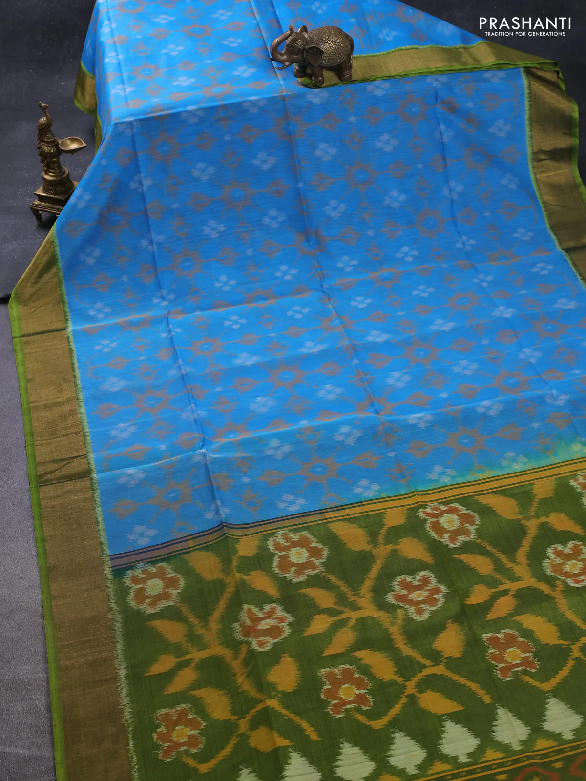 Ikat silk cotton saree light blue and light green with allover ikat weaves and zari woven border - Image 2