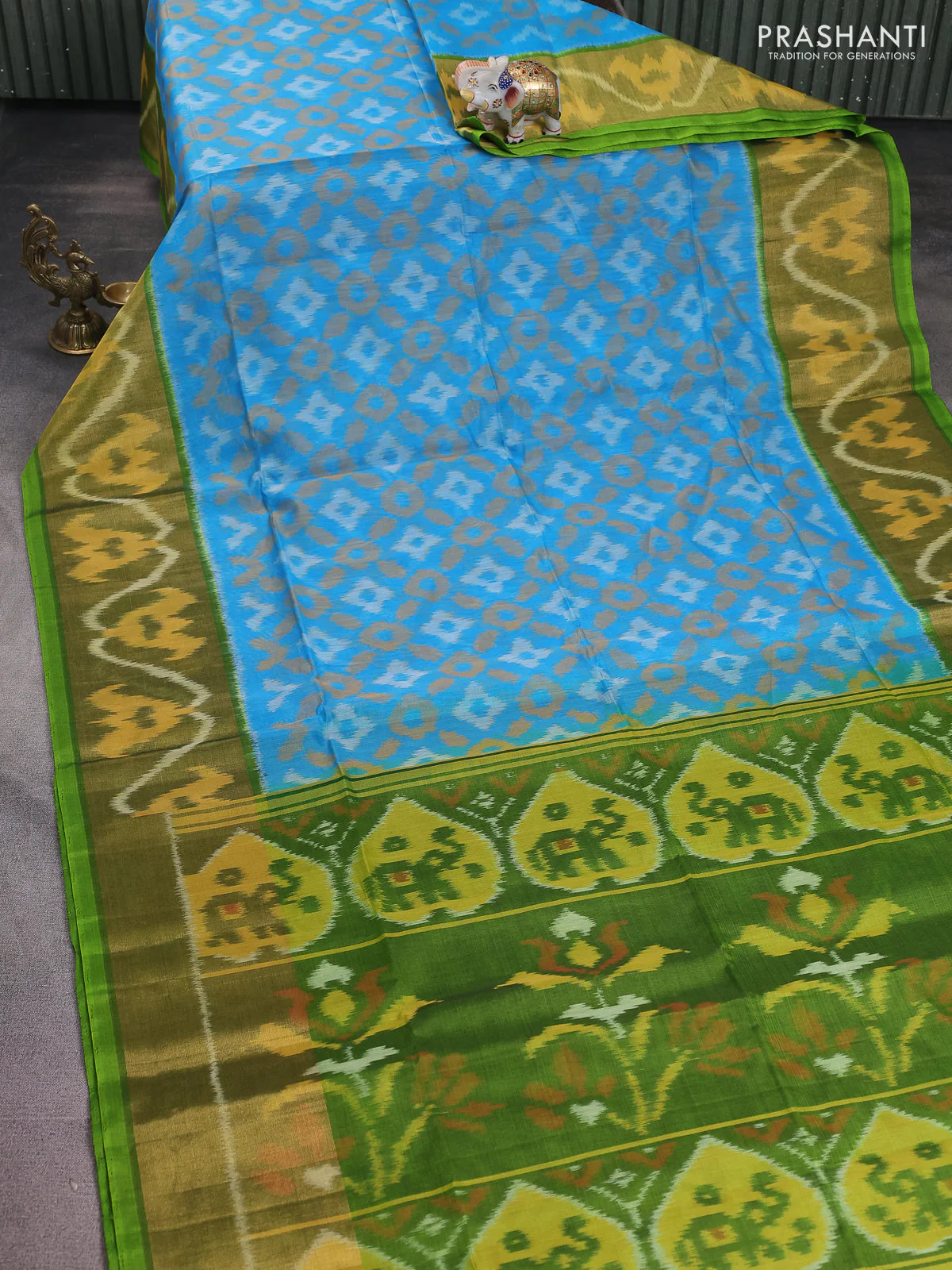 Ikat silk cotton saree light blue and light green with alover ikat weaves and long zari woven ikat border - Image 2