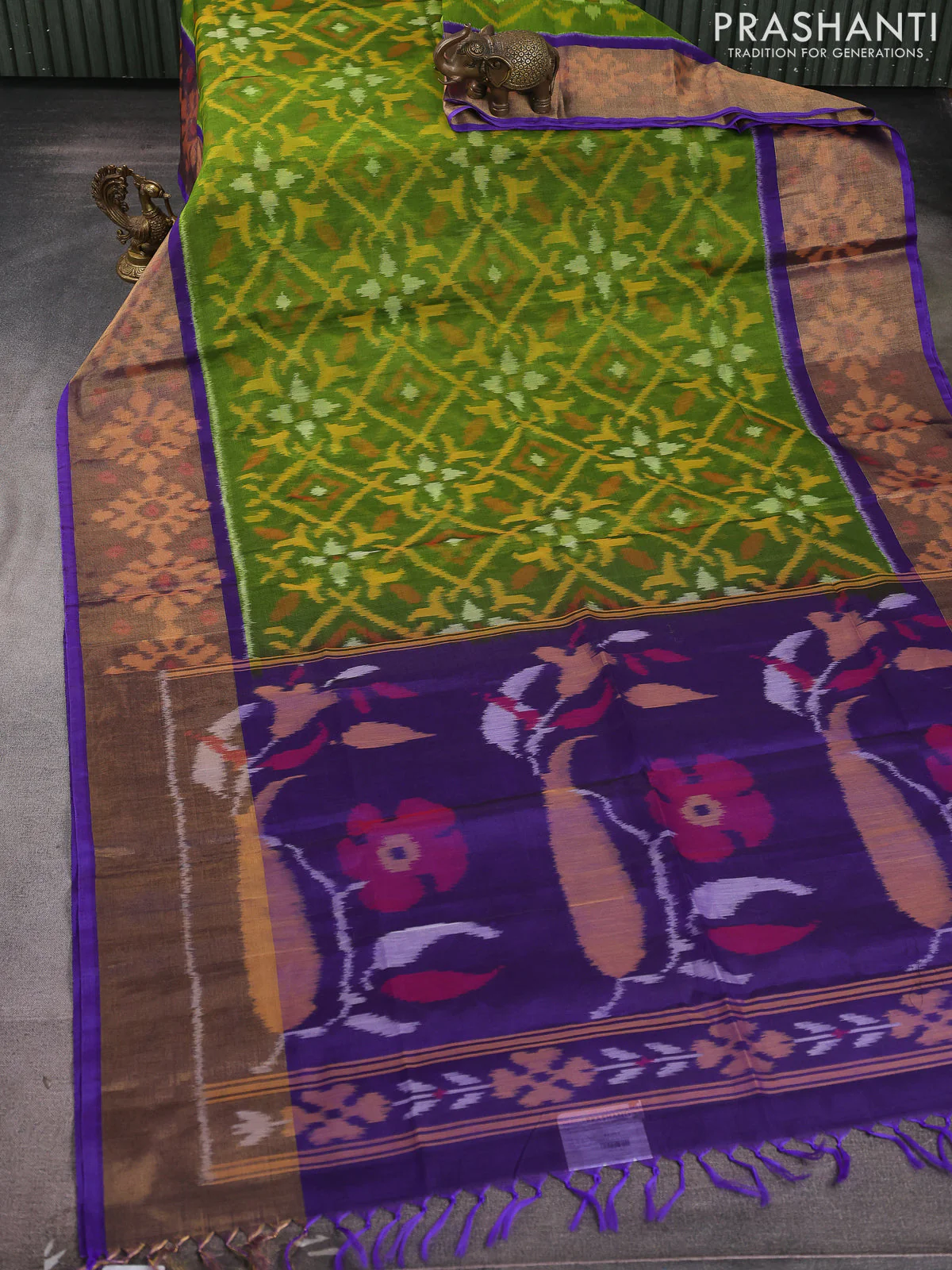 Ikat silk cotton saree light green and violet with allover ikat weaves and long zari woven ikat border - Image 2