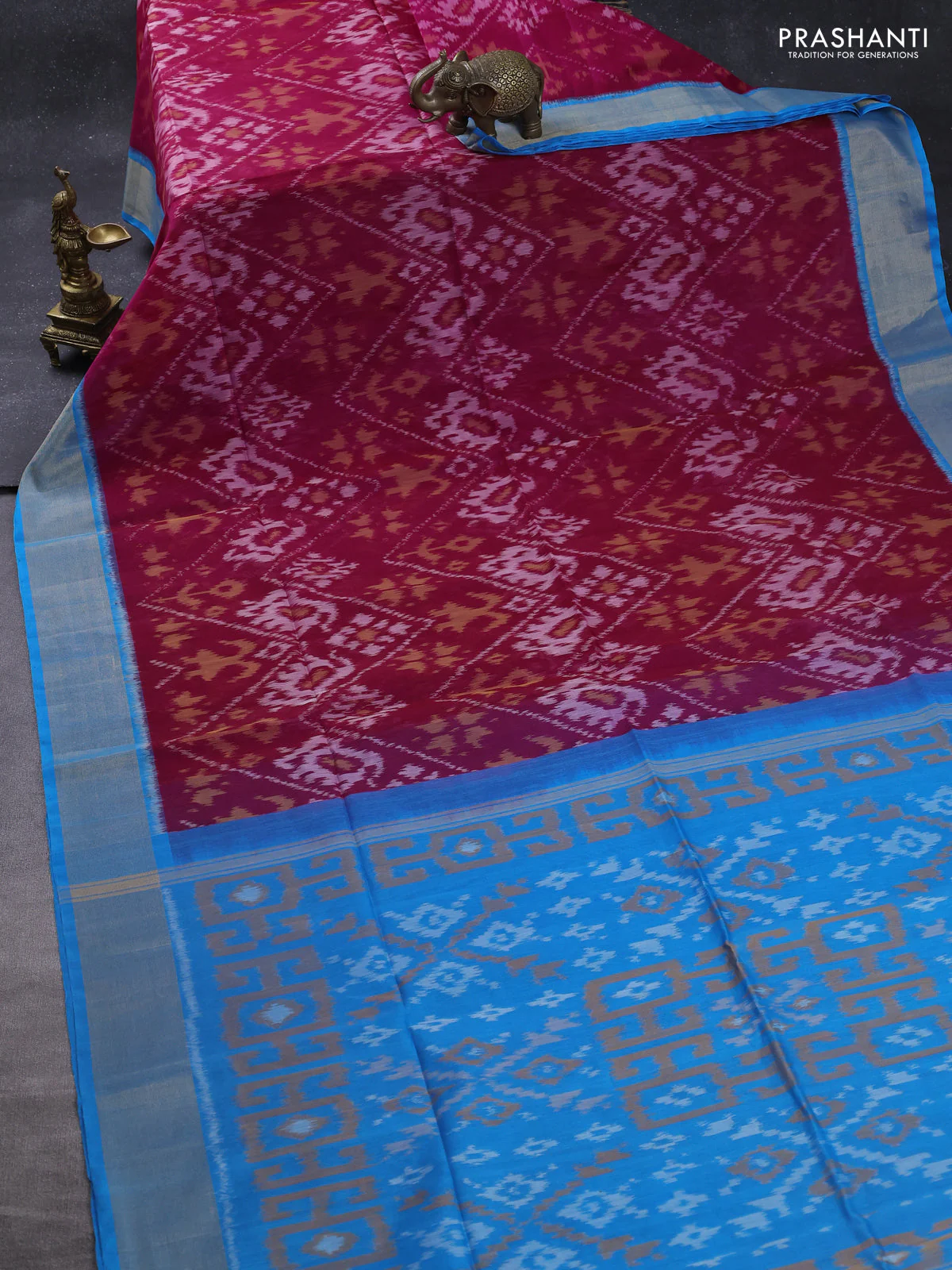 Ikat silk cotton saree magenta pink and cs blue with allover ikat weaves and zari woven border - Image 2